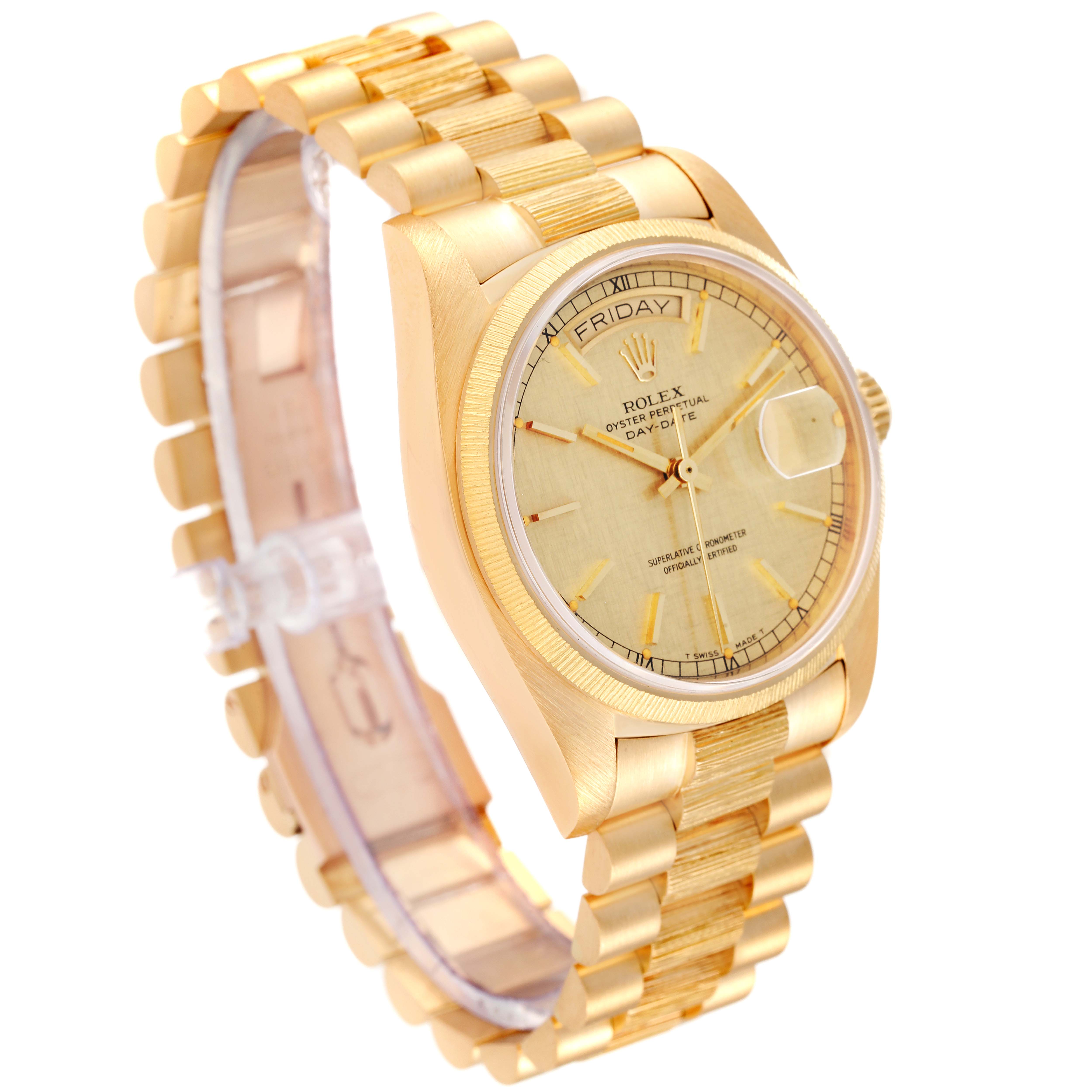 This Rolex President 18078 Men
s Yellow Gold Champagne Dial 18078 Men
s Yellow Gold Champagne Dial model watch is shown from an angle that highlights the gold case, dial, day-date display, and bracelet.