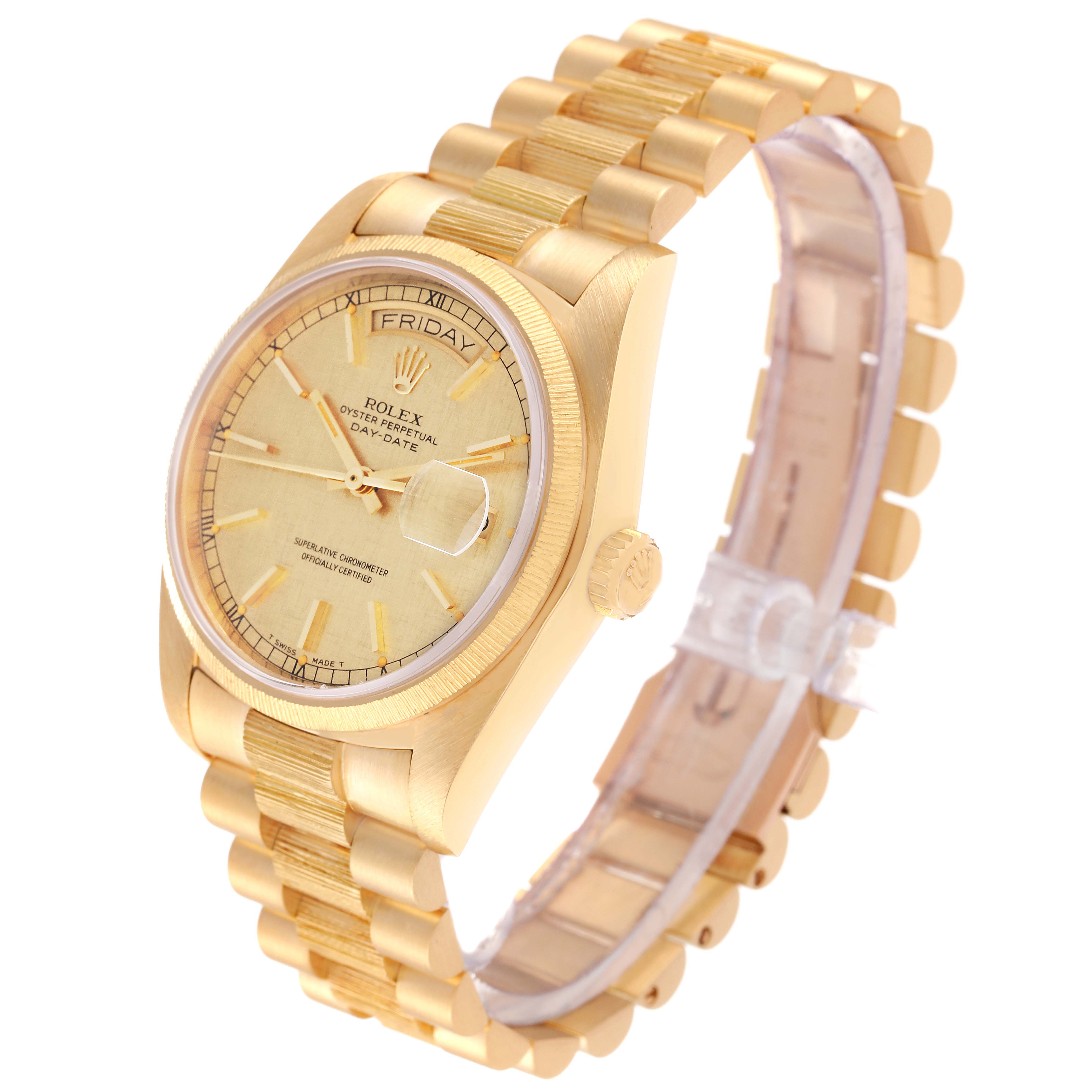 This image shows a side and front angled view of a Rolex President 18078 Men
s Yellow Gold Champagne Dial 18078 Men
s Yellow Gold Champagne Dial model watch, highlighting its gold case, bracelet, and dial.