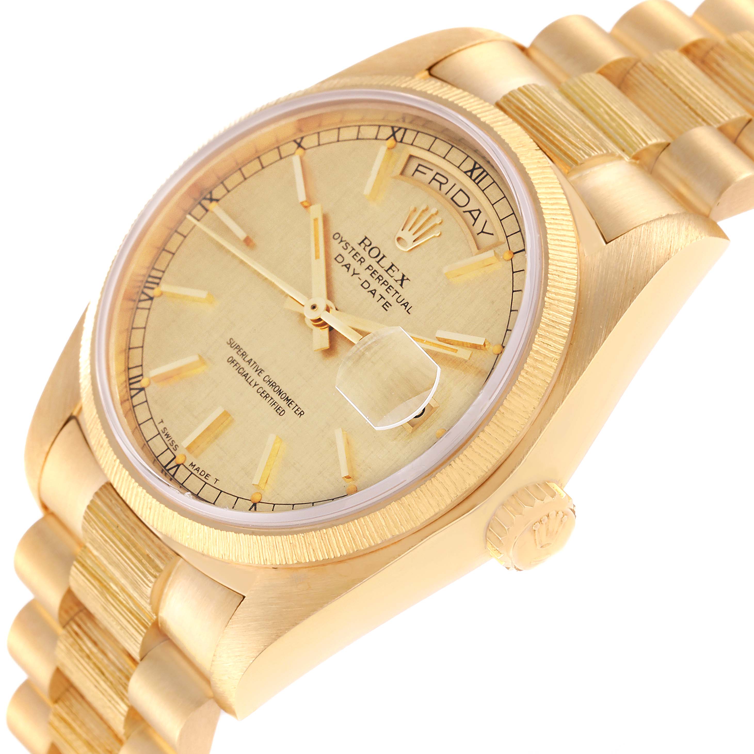 The angled view of the Rolex President 18078 Men
s Yellow Gold Champagne Dial 18078 Men
s Yellow Gold Champagne Dial model watch shows the face, crown, and part of the bracelet.