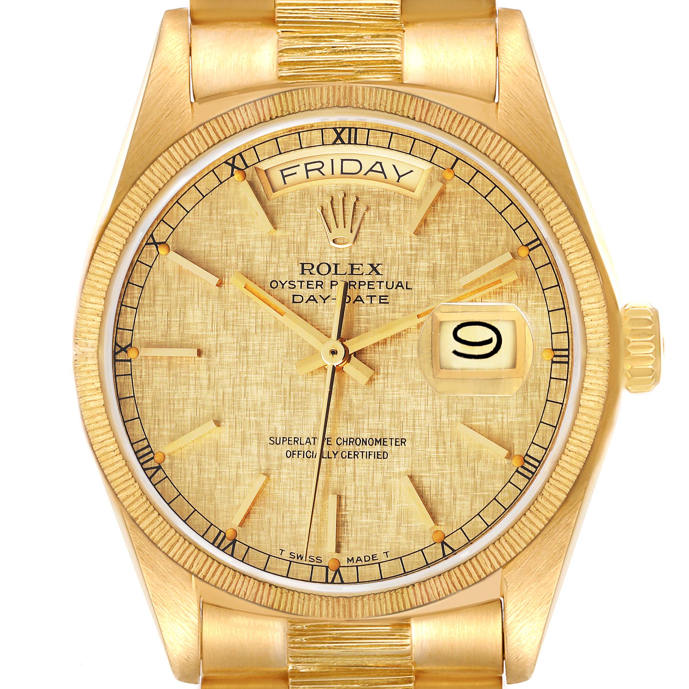 This image shows a front view of the Rolex President 18078 Men
s Yellow Gold Champagne Dial 18078 Men
s Yellow Gold Champagne Dial Day-Date watch, highlighting the face, bezel, and part of the bracelet.