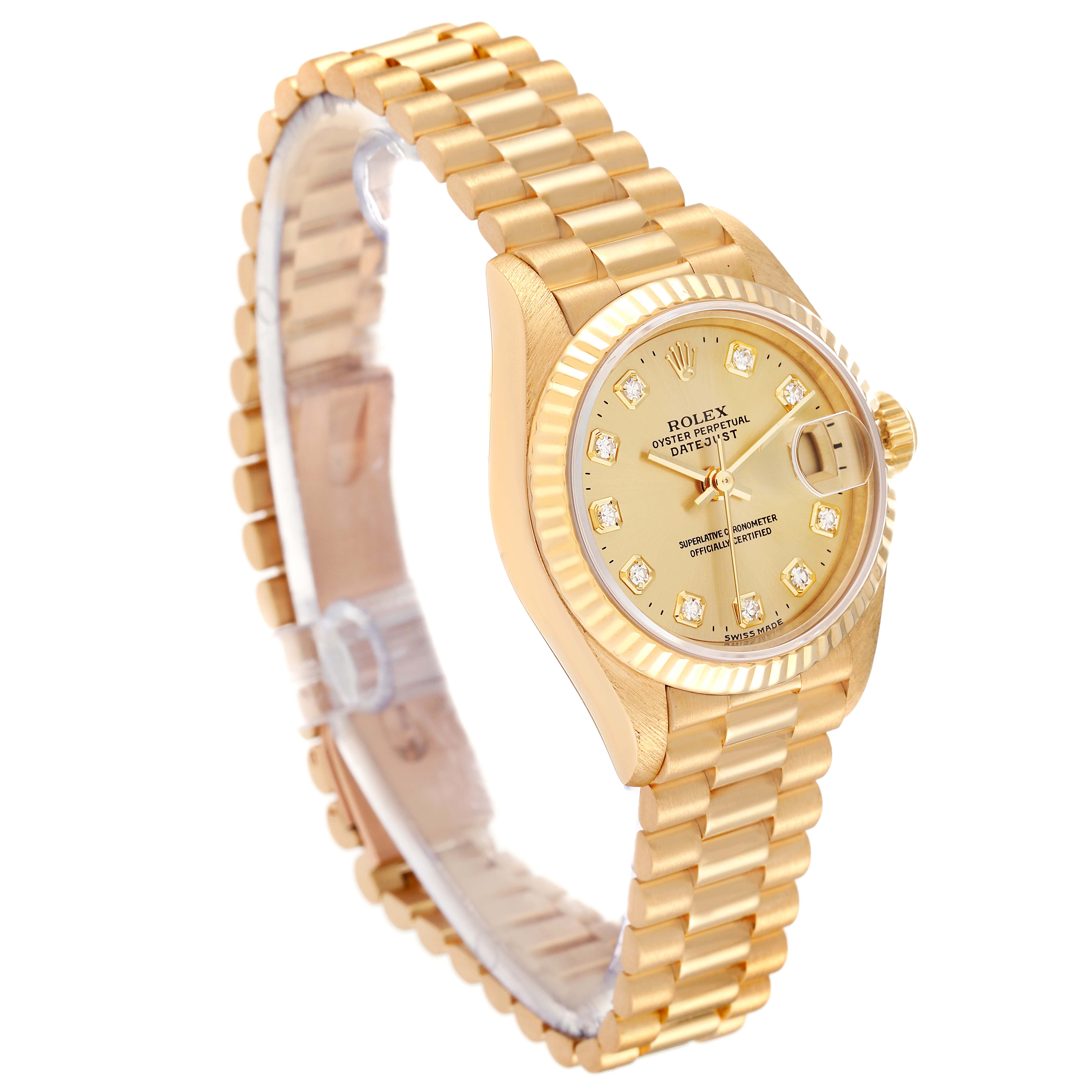 This image shows a side angle of a gold Rolex President 69178 Women's Yellow Gold Champagne Dial 69178 Women's Yellow Gold Champagne Dial model, highlighting the bracelet, case, dial, and fluted bezel.