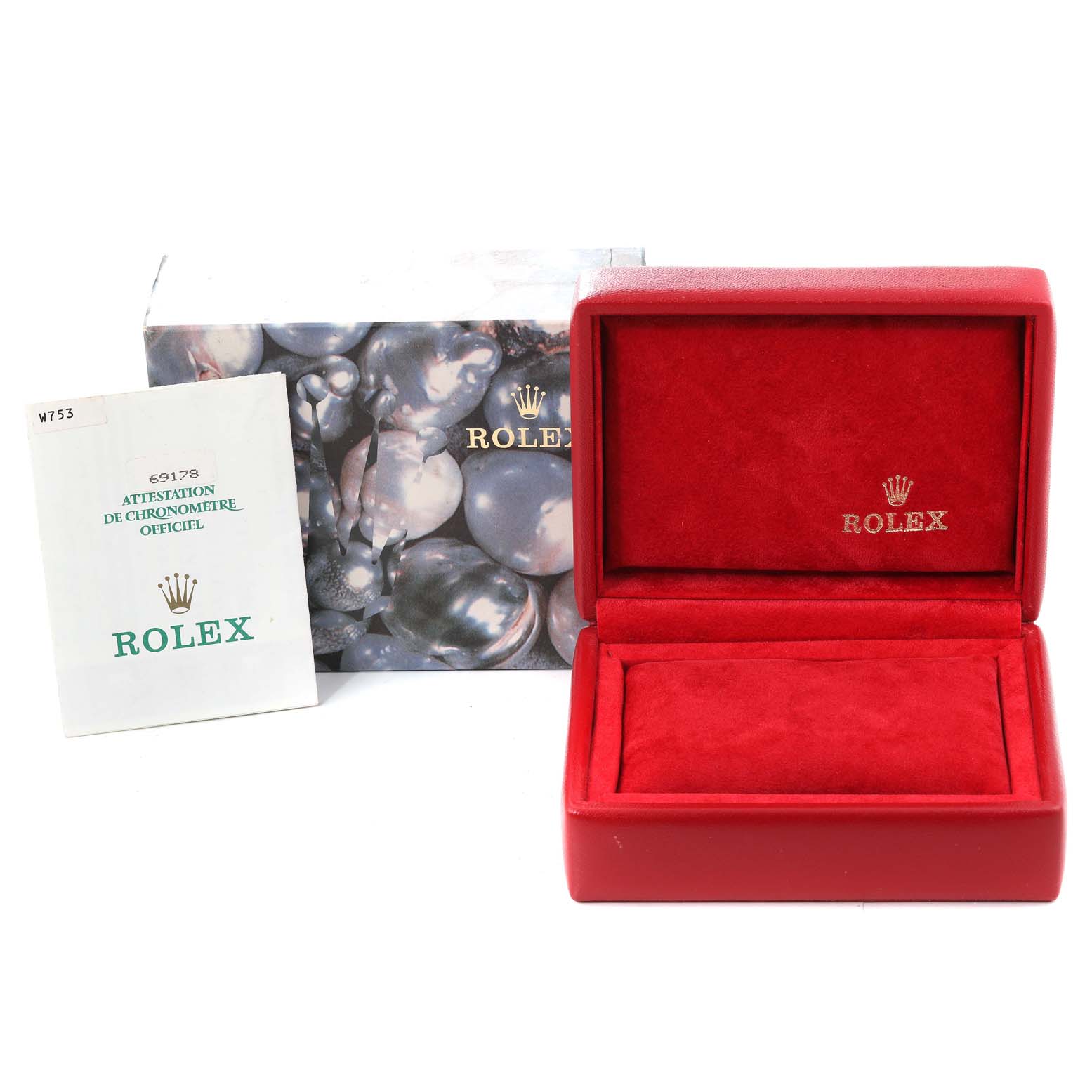 The image shows the open box, certificate booklet, and outer packaging for the Rolex President 69178 Women's Yellow Gold Champagne Dial 69178 Women's Yellow Gold Champagne Dial model.