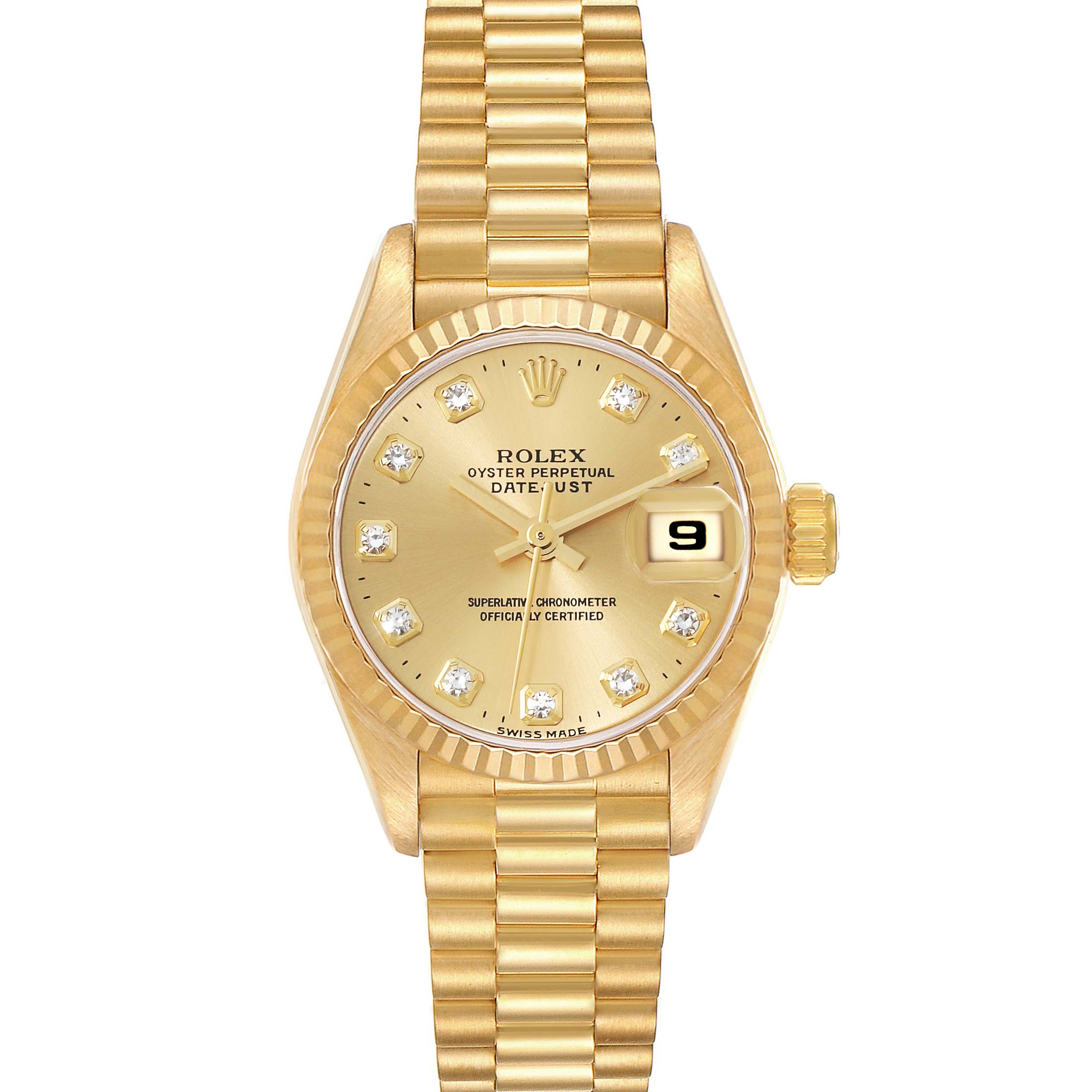 The image shows a front view of a Rolex President 69178 Women's Yellow Gold Champagne Dial 69178 Women's Yellow Gold Champagne Dial model watch with a gold dial, date display, and gold link bracelet.