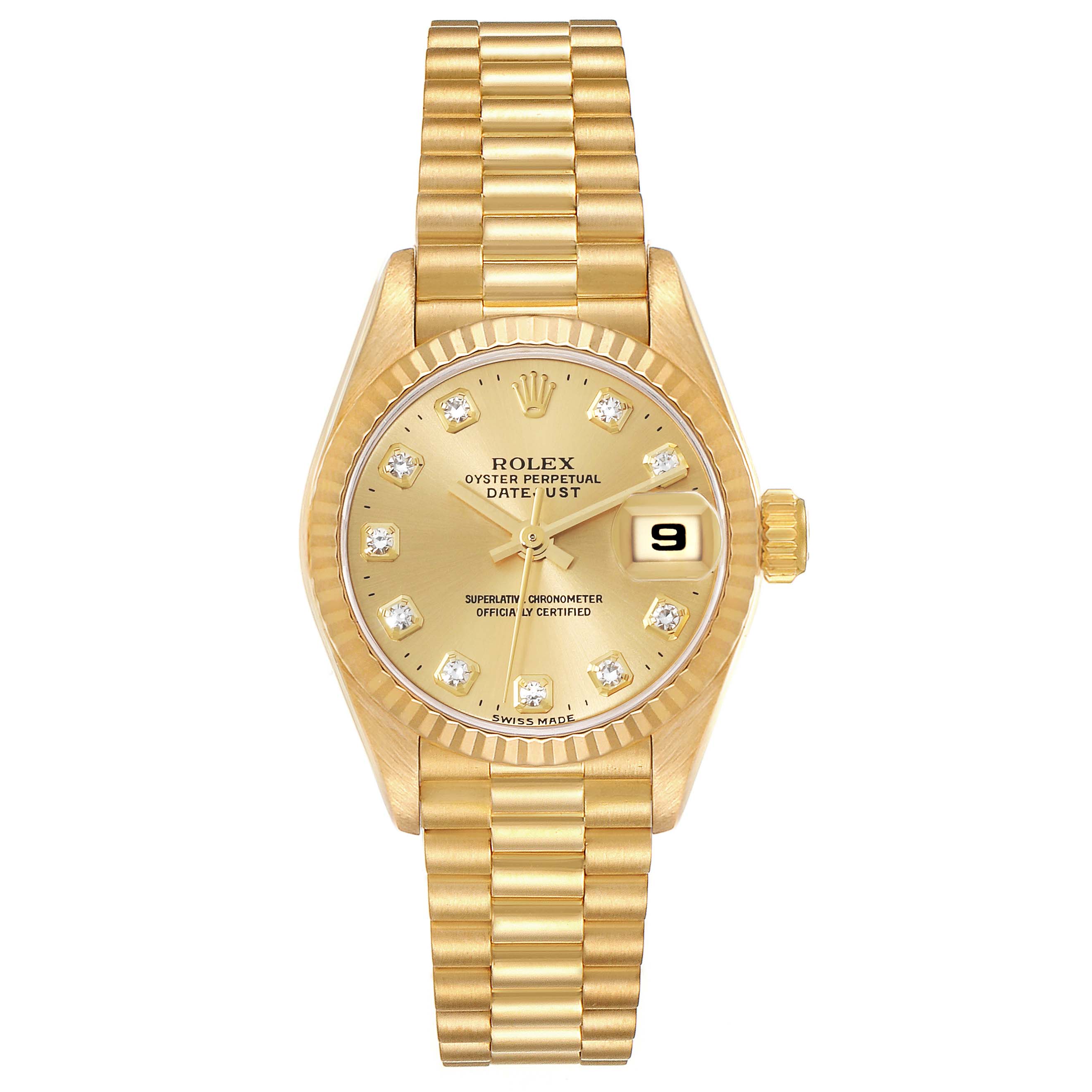 The image shows a front view of the Rolex Oyster Perpetual Datejust President model watch, highlighting the dial, bracelet, and date window.