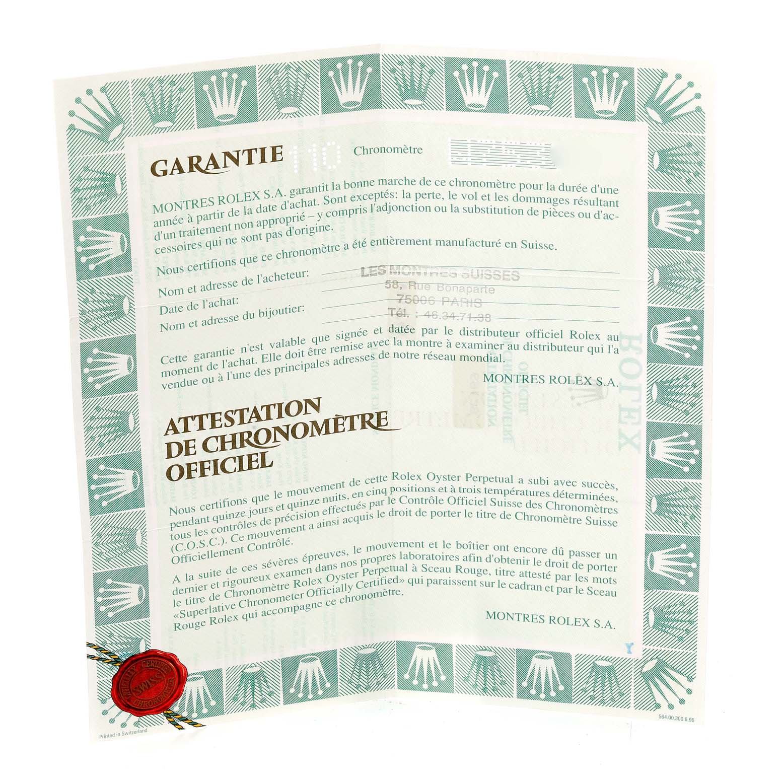 This image shows a warranty and authentication paper set for a Rolex President 69178 Women's Yellow Gold Champagne Dial 69178 Women's Yellow Gold Champagne Dial model watch, displayed slightly opened and angled.