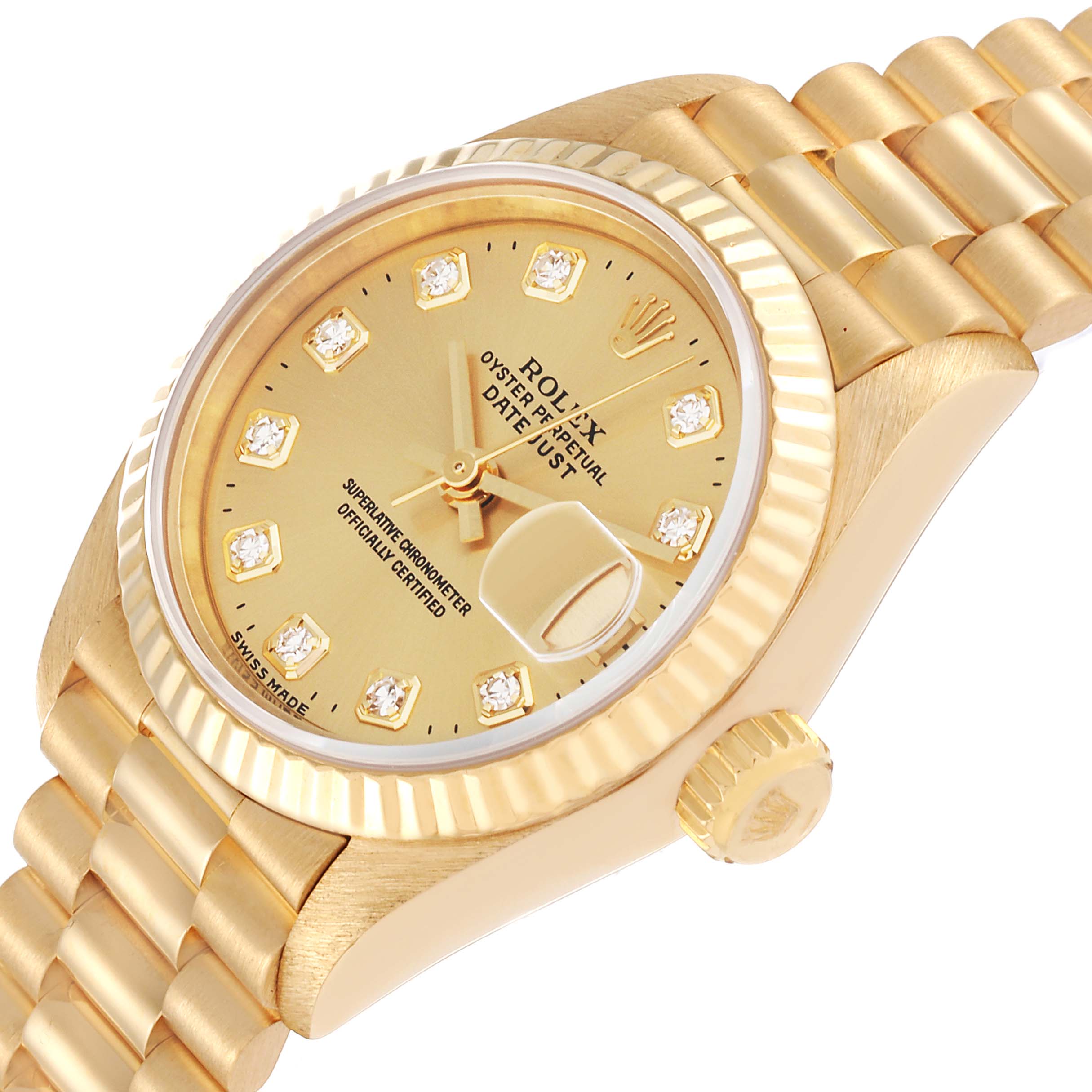 The Rolex President 69178 Women's Yellow Gold Champagne Dial 69178 Women's Yellow Gold Champagne Dial model watch is shown at an angled view, highlighting the dial, bezel, crown, and part of the bracelet.