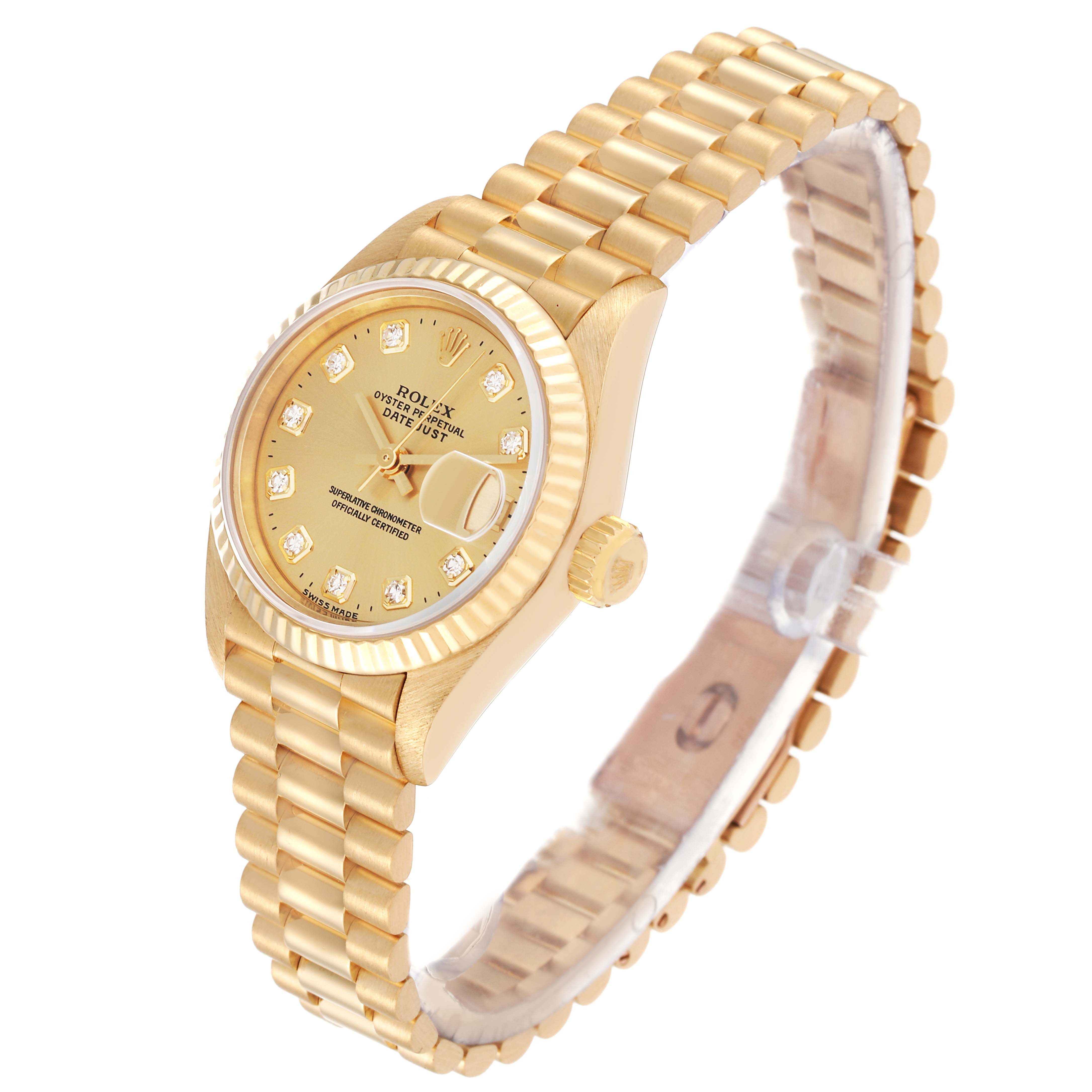 The Rolex President 69178 Women's Yellow Gold Champagne Dial 69178 Women's Yellow Gold Champagne Dial model is shown at an angle displaying the face, bezel, crown, and bracelet.