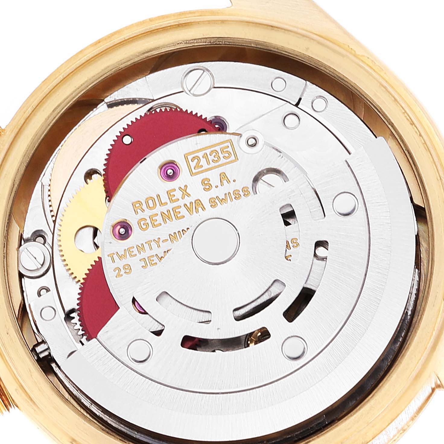 This image shows the internal mechanism of a Rolex President 69178 Women's Yellow Gold Champagne Dial 69178 Women's Yellow Gold Champagne Dial model watch from a close-up, top-down angle.