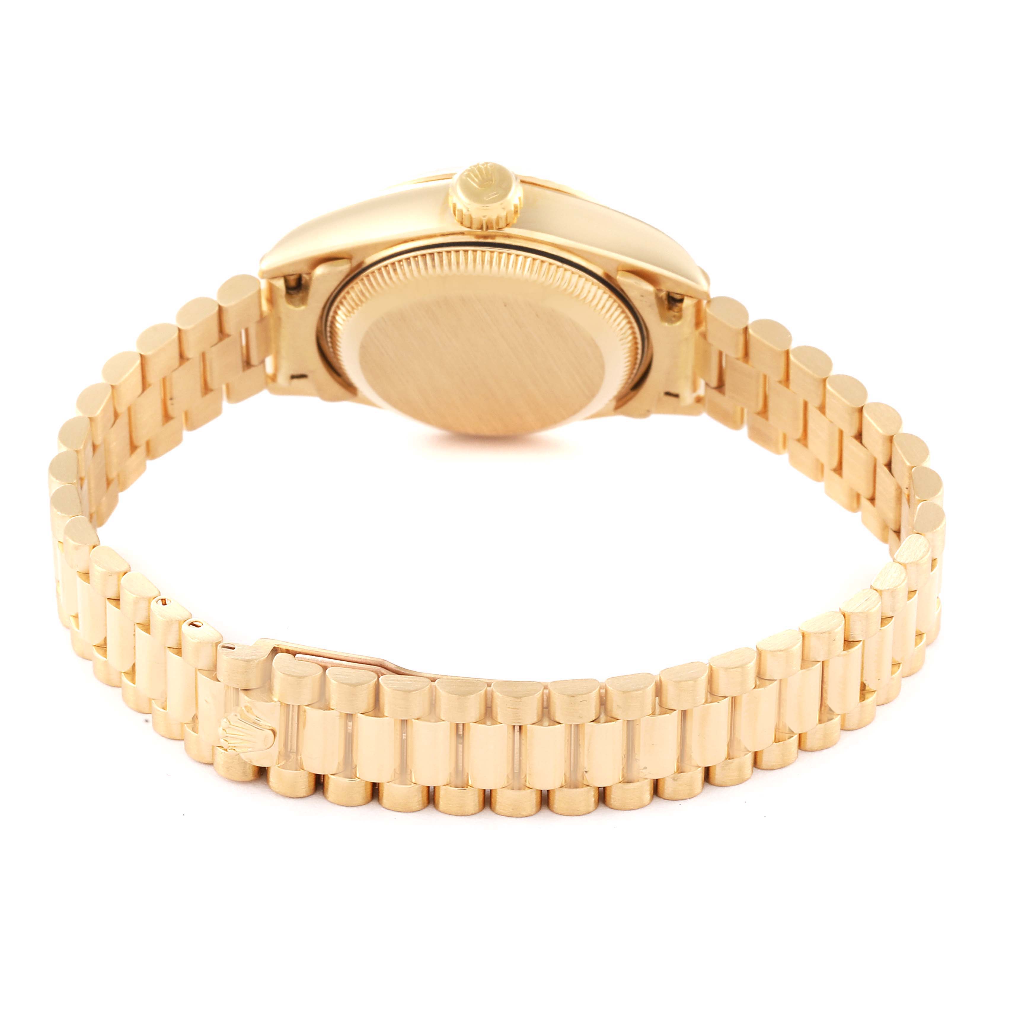 The image shows the back case and bracelet of a Rolex President 69178 Women's Yellow Gold Champagne Dial 69178 Women's Yellow Gold Champagne Dial model watch.