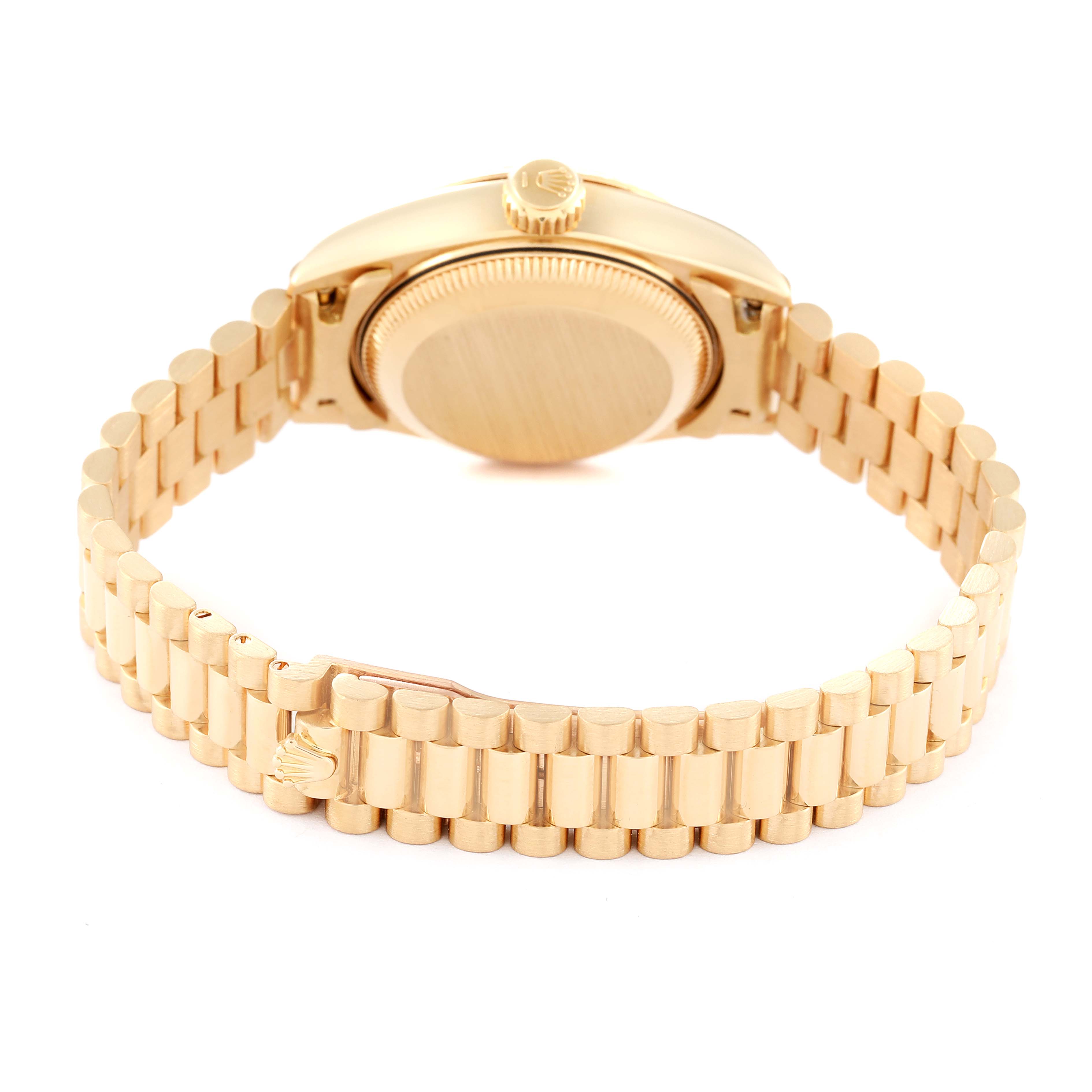 The image shows the back view of the Rolex President 69178 Women's Yellow Gold Champagne Dial 69178 Women's Yellow Gold Champagne Dial model watch, highlighting the case back, crown, and bracelet.