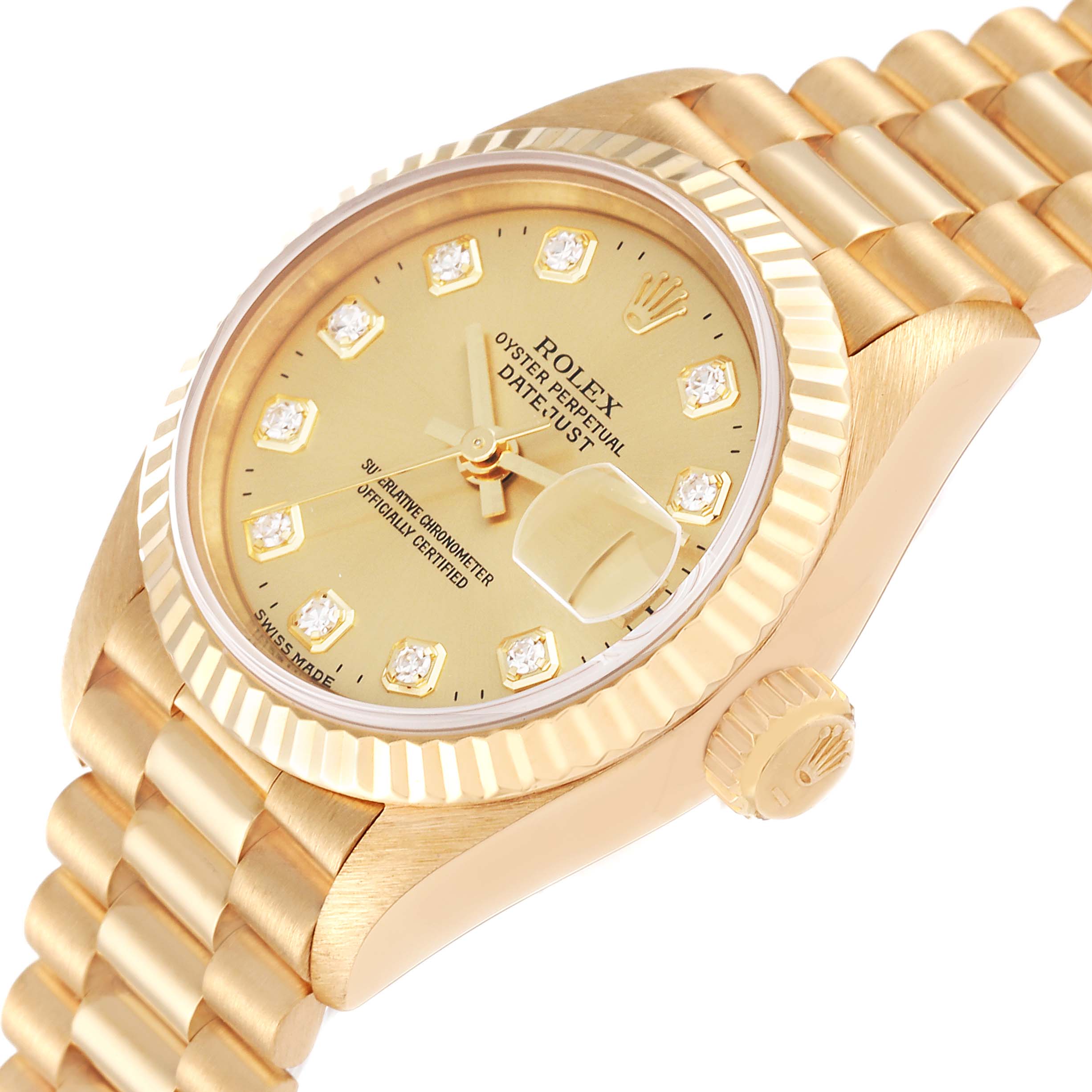 This image shows a close-up angle of the Rolex President 69178 Women's Yellow Gold Champagne Dial 69178 Women's Yellow Gold Champagne Dial model watch, highlighting the gold dial, bezel, and bracelet.