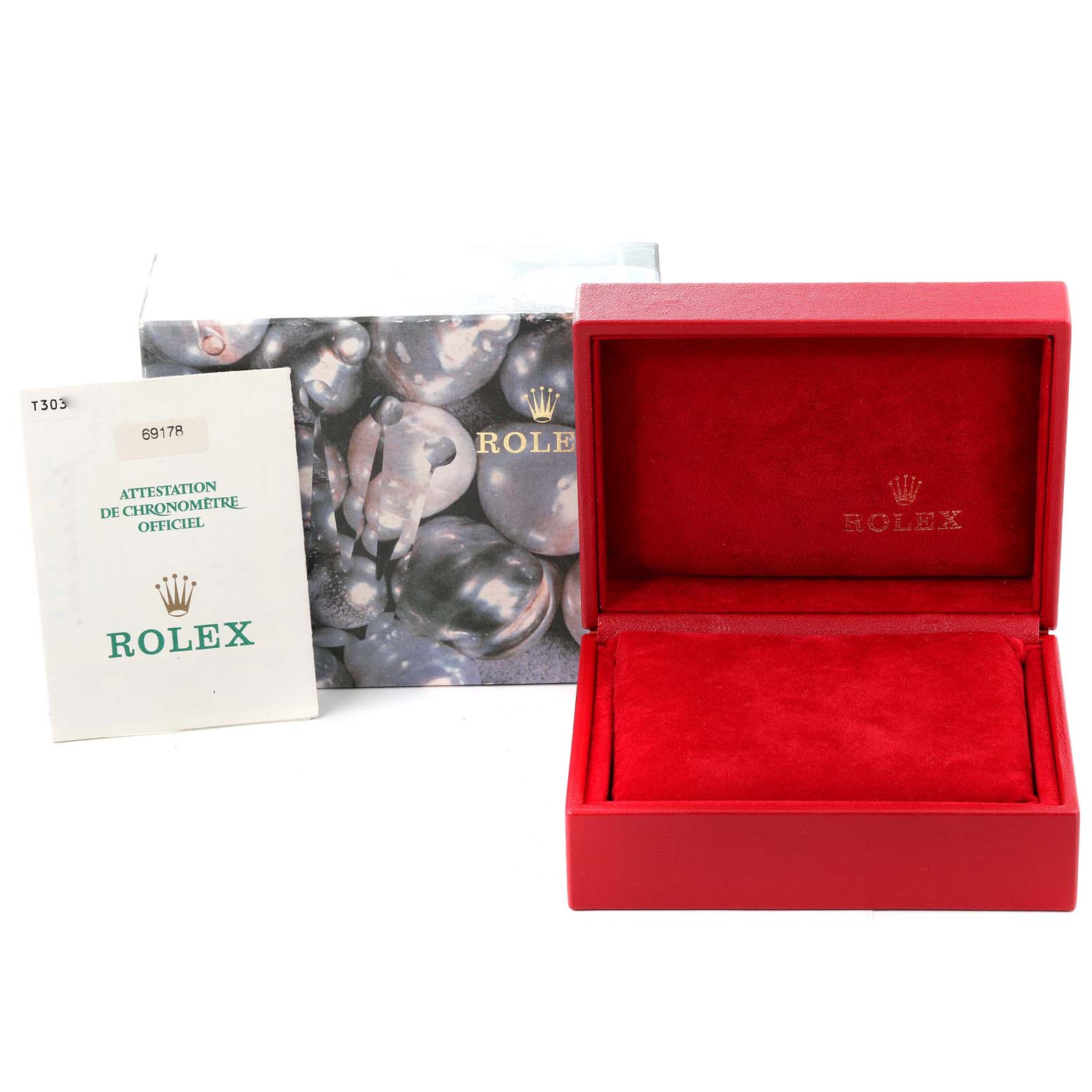 This image shows the accessories of a Rolex President 69178 Women
s Yellow Gold Champagne Dial 69178 Women
s Yellow Gold Champagne Dial model watch, including an open red box, an outer box, and certification papers.