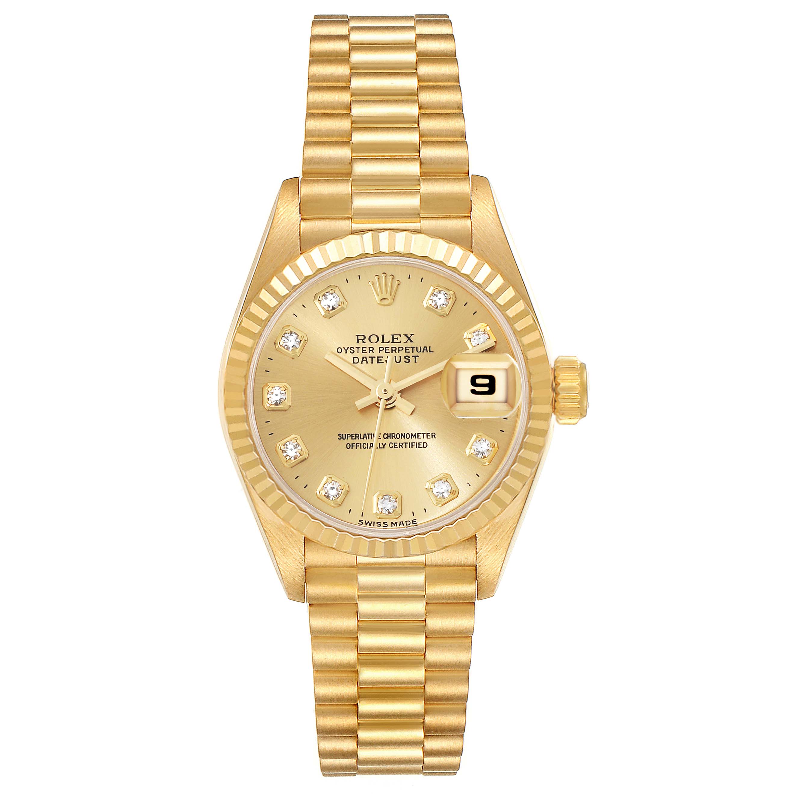 This image shows a frontal view of the Rolex President 69178 Women
s Yellow Gold Champagne Dial 69178 Women
s Yellow Gold Champagne Dial model, displaying the full watch face, bracelet, and bezel.