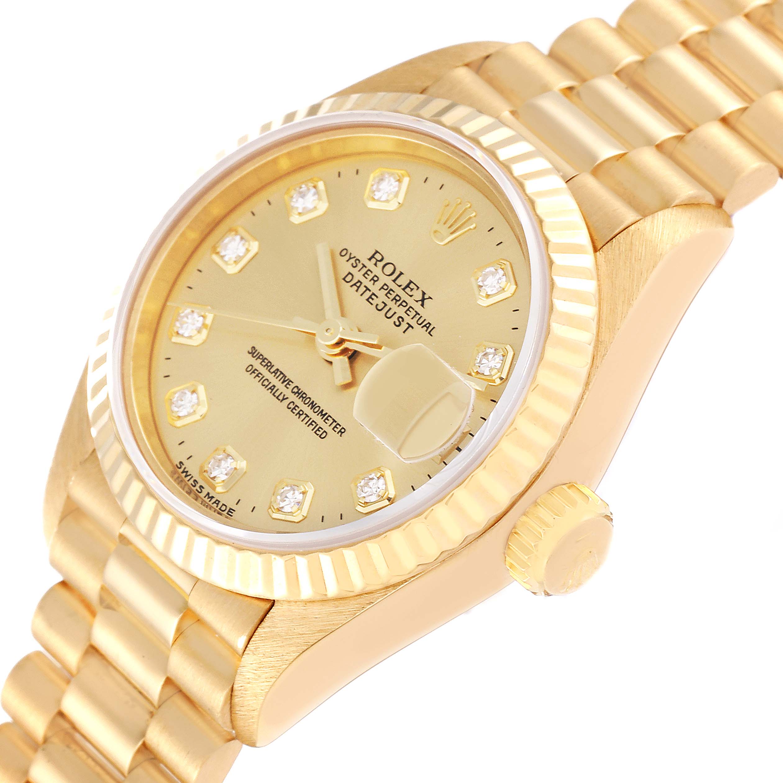 This image shows a close-up, angled view of a Rolex President 69178 Women
s Yellow Gold Champagne Dial 69178 Women
s Yellow Gold Champagne Dial Datejust watch, displaying the dial, bezel, crown, and part of the bracelet.