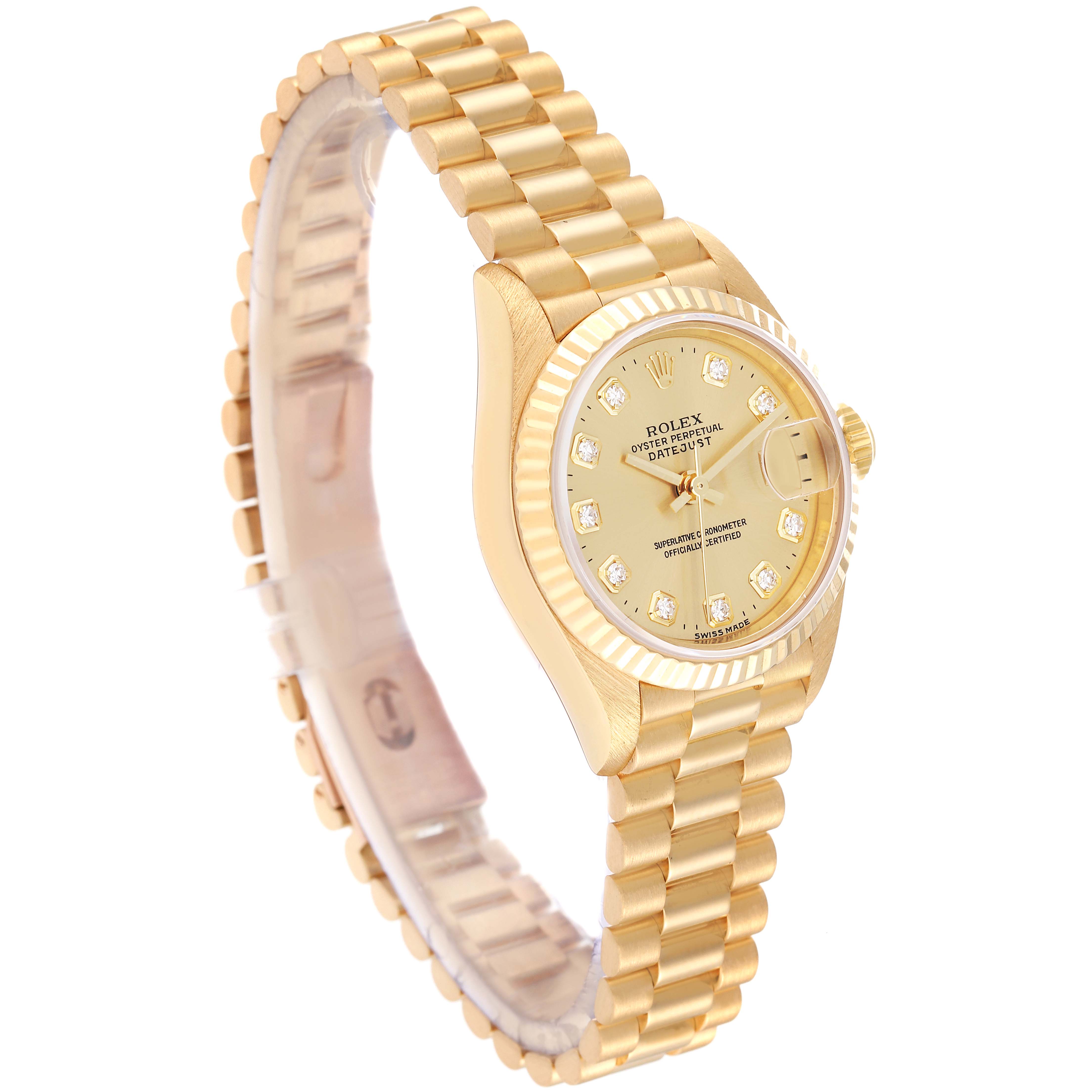 The Rolex President 69178 Women
s Yellow Gold Champagne Dial 69178 Women
s Yellow Gold Champagne Dial watch is shown at an angled side view, displaying its gold bracelet and dial with a detailed face.