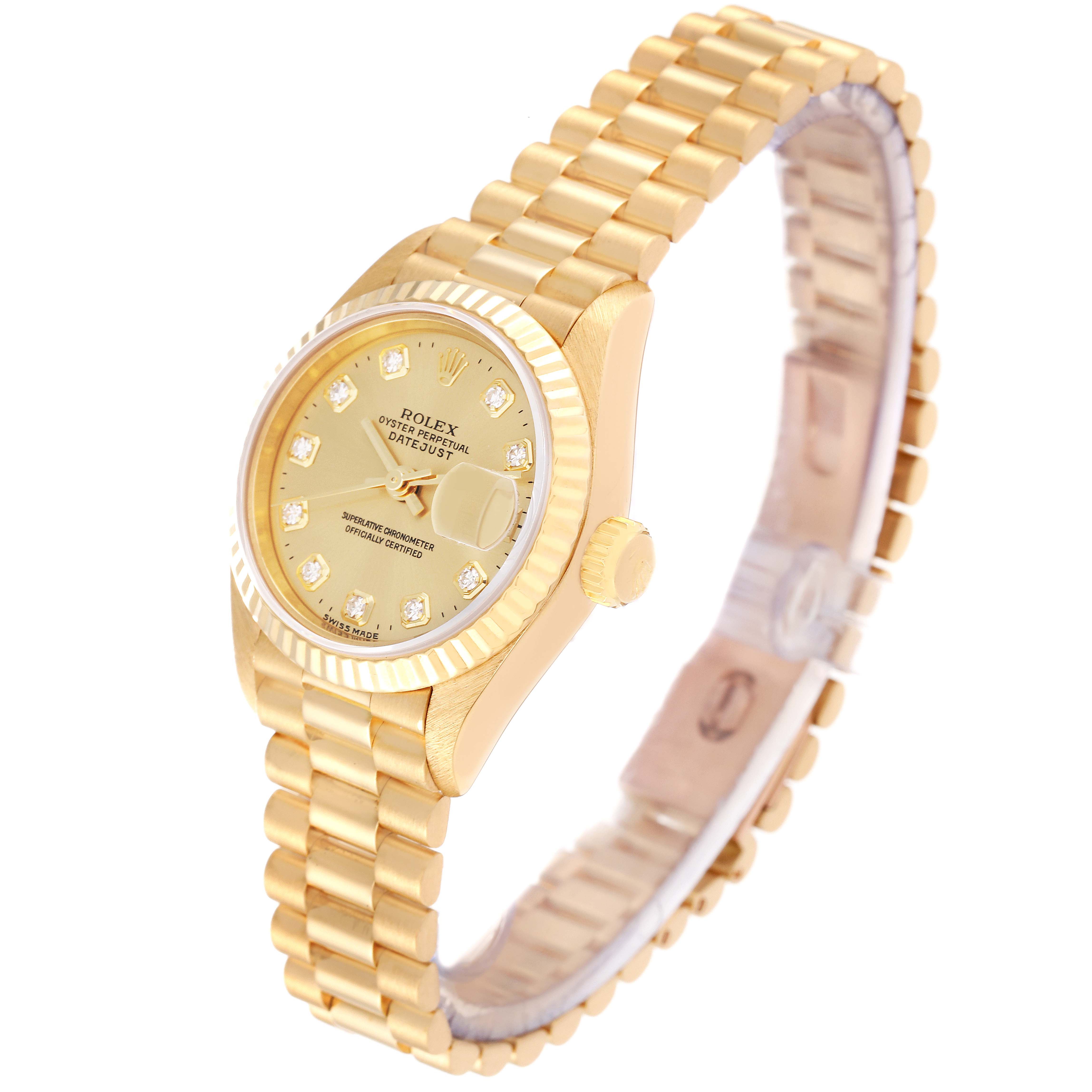 The image shows a Rolex President 69178 Women
s Yellow Gold Champagne Dial 69178 Women
s Yellow Gold Champagne Dial model watch at an angle highlighting its gold bracelet, dial, crown, and fluted bezel.