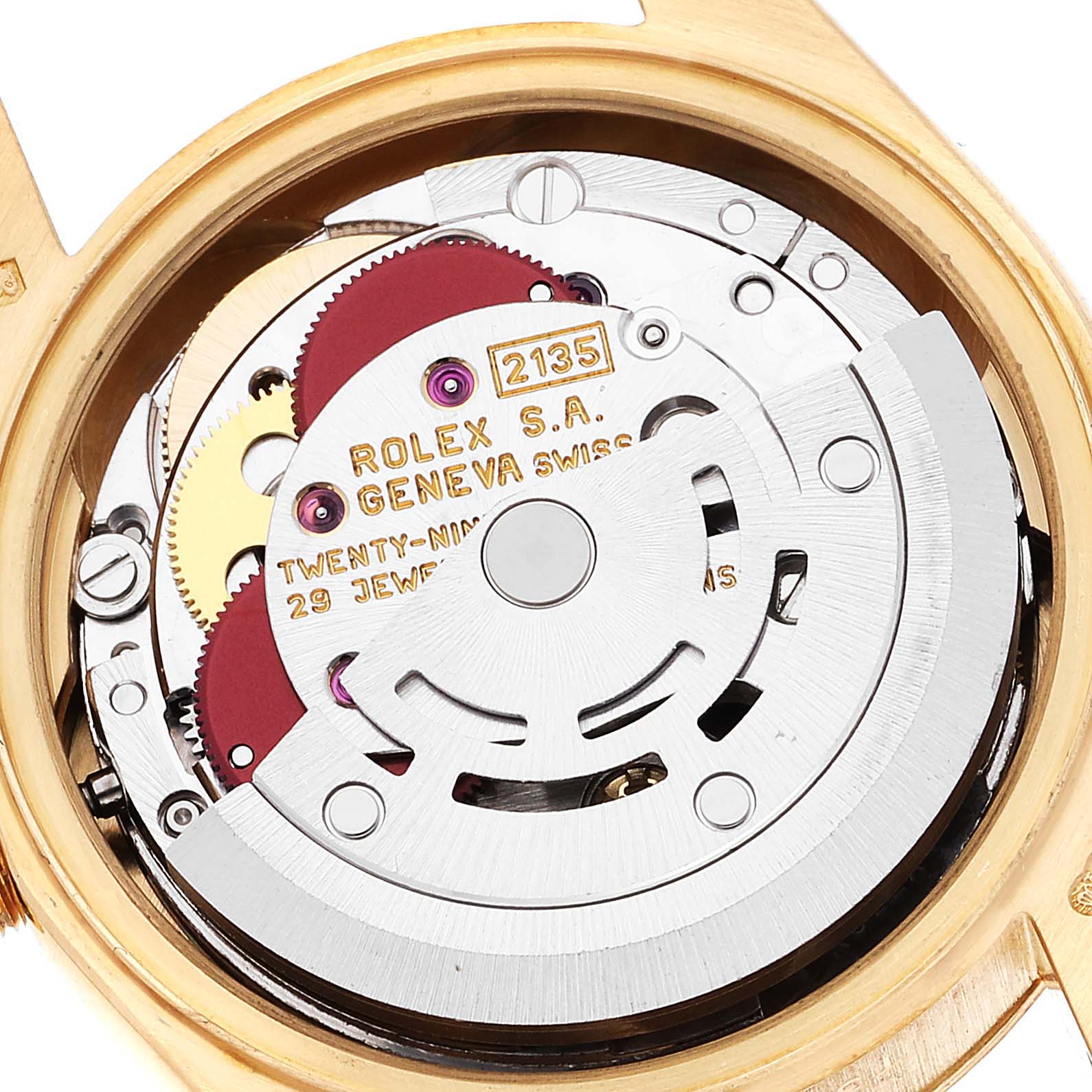 This image shows the internal mechanical movement of a Rolex President 69178 Women
s Yellow Gold Champagne Dial 69178 Women
s Yellow Gold Champagne Dial watch, viewed from the back case angle.
