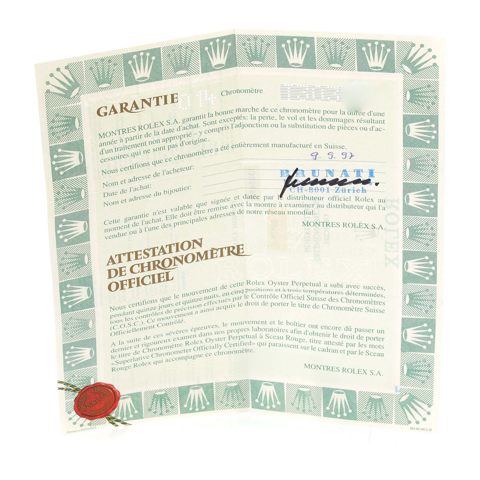 The image shows the warranty and chronometer certification papers for the Rolex President 69178 Women
s Yellow Gold Champagne Dial 69178 Women
s Yellow Gold Champagne Dial model.