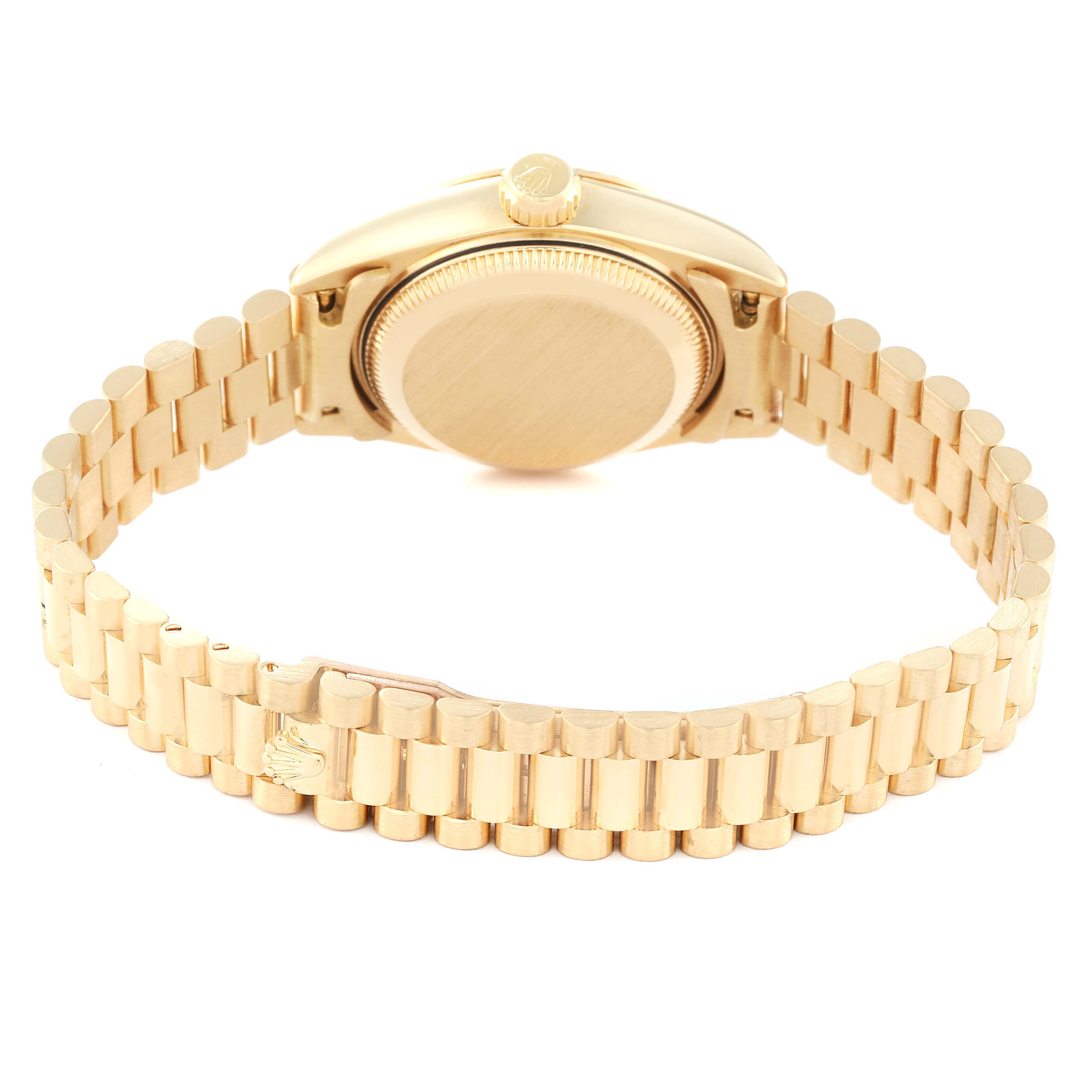 This image shows the backside and bracelet of a Rolex President 69178 Women
s Yellow Gold Champagne Dial 69178 Women
s Yellow Gold Champagne Dial model watch, highlighting the clasp and case back.