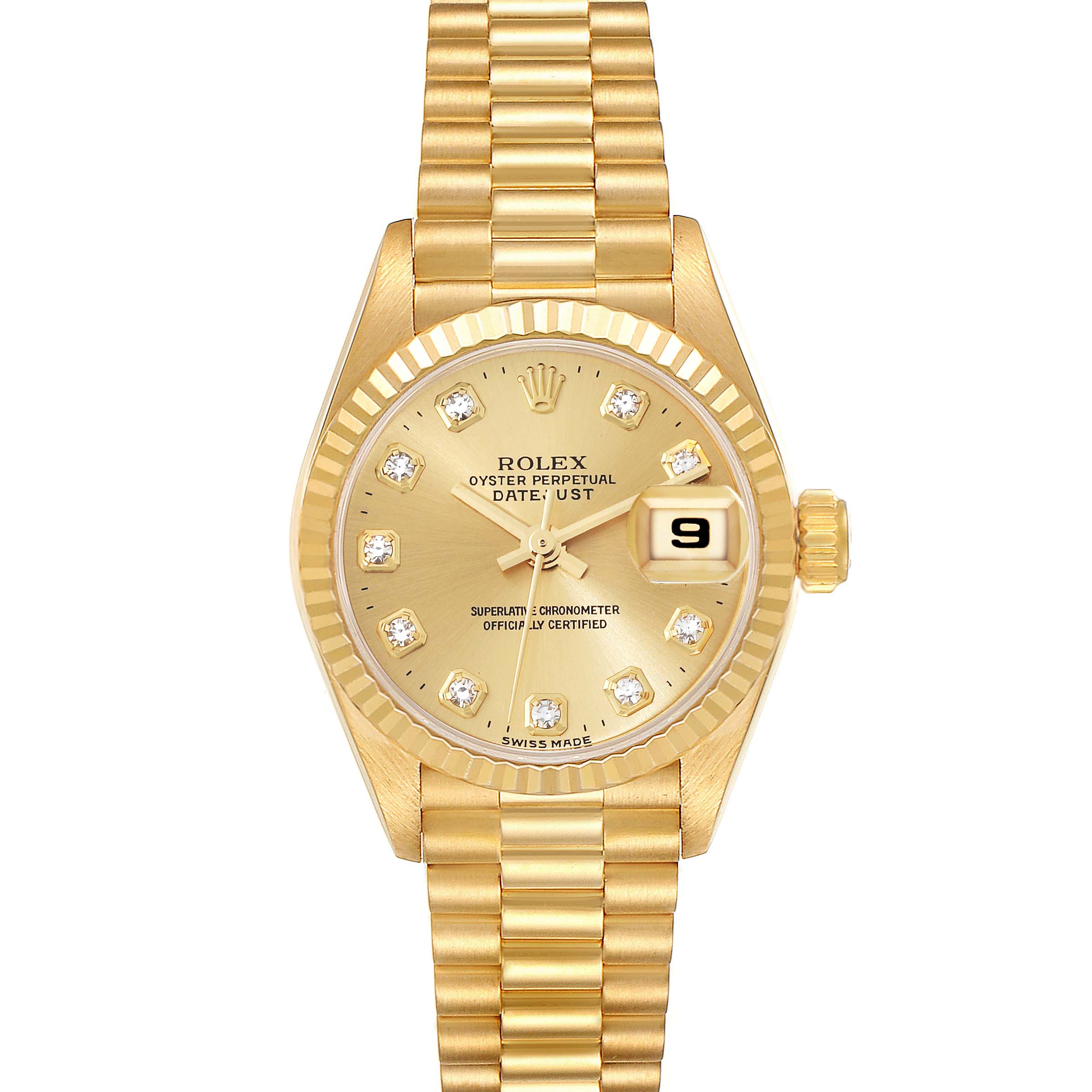 The image shows a frontal view of a gold Rolex President 69178 Women
s Yellow Gold Champagne Dial 69178 Women
s Yellow Gold Champagne Dial watch, highlighting the dial, bracelet, and date display.