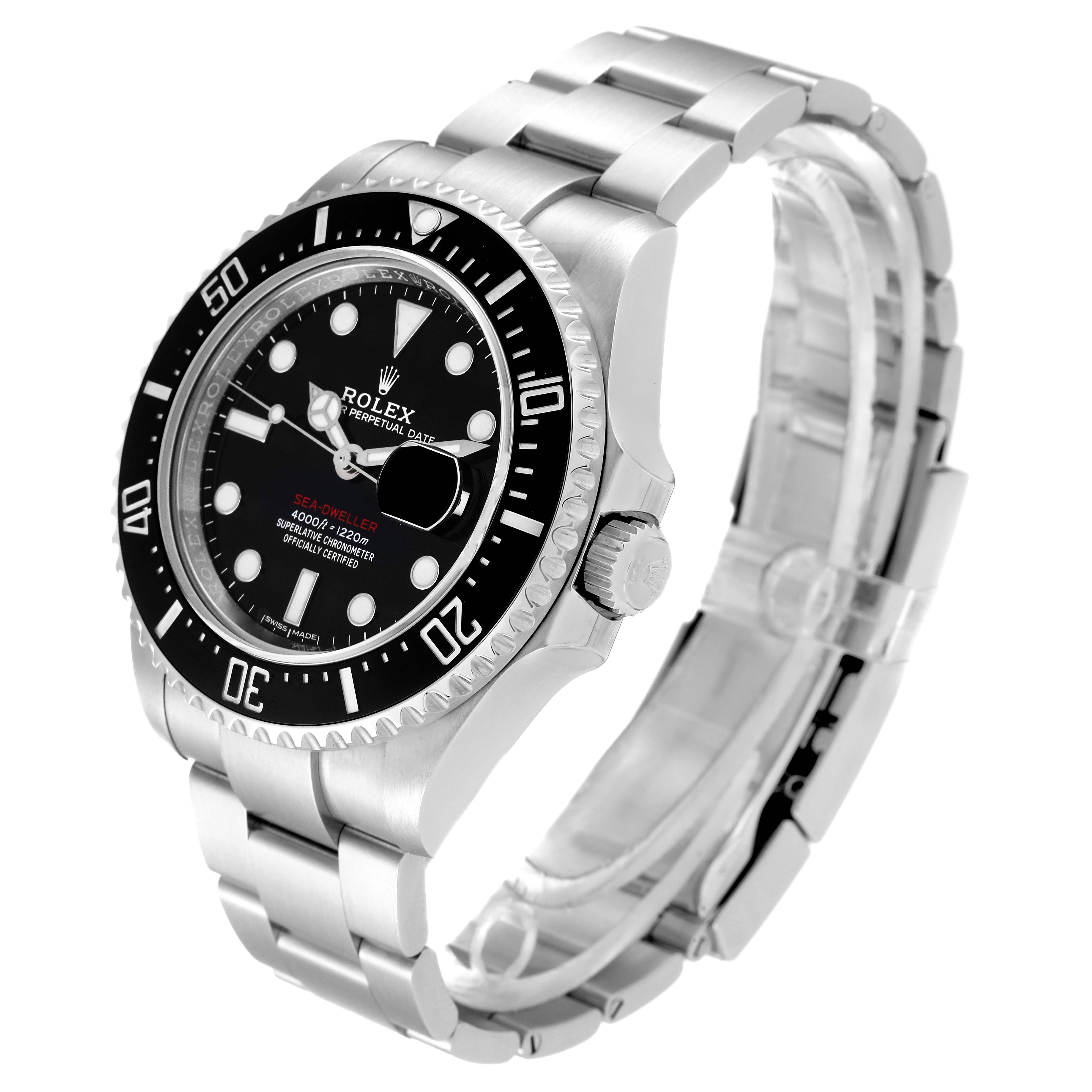This is a Rolex Sea-Dweller 126600 Men's Stainless Steel Black Dial 126600 Men's Stainless Steel Black Dial watch shown at an angled side view displaying the dial, bezel, crown, and bracelet.