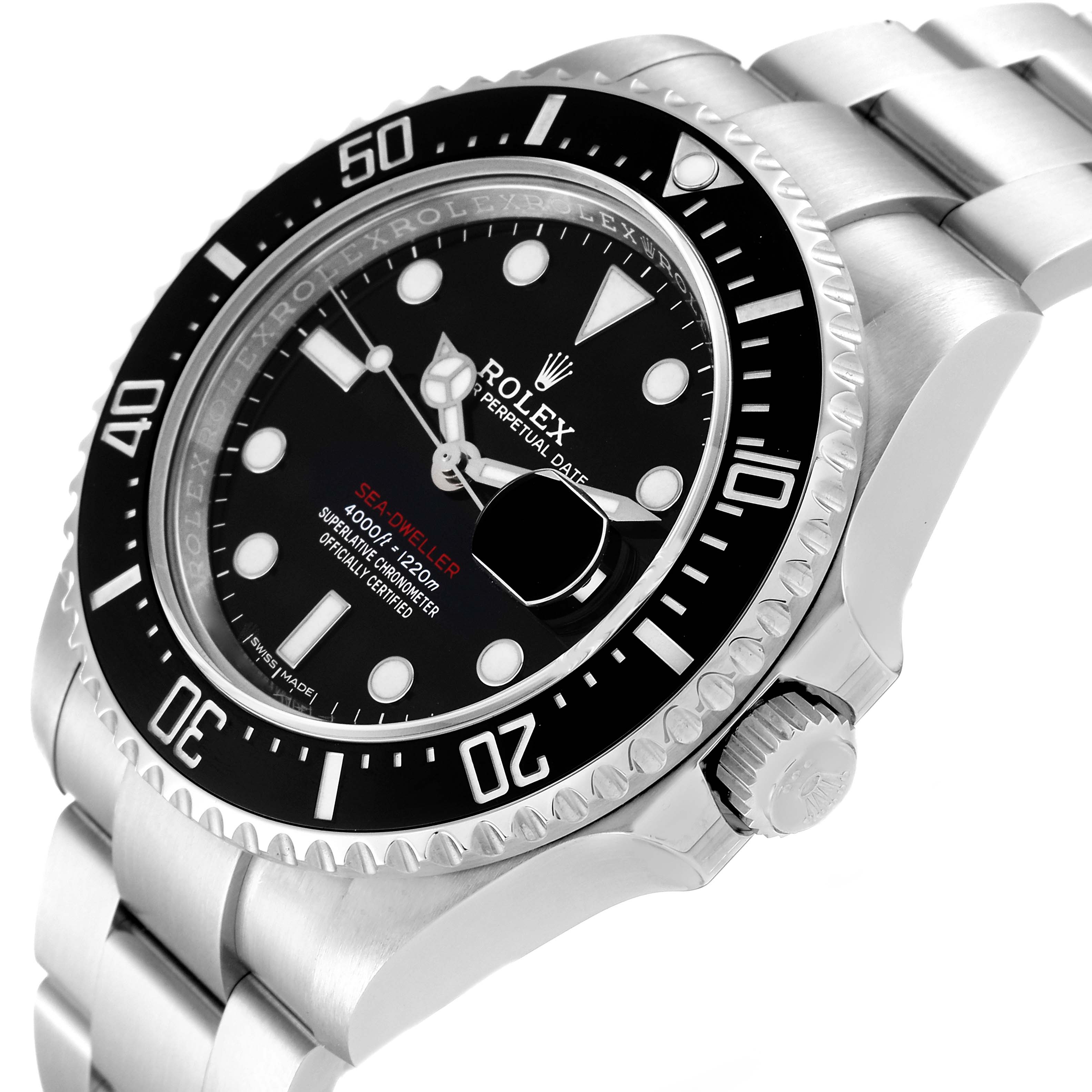 The image shows a close-up, angled view of the Rolex Sea-Dweller 126600 Men's Stainless Steel Black Dial 126600 Men's Stainless Steel Black Dial watch, highlighting its bezel, dial, and bracelet.