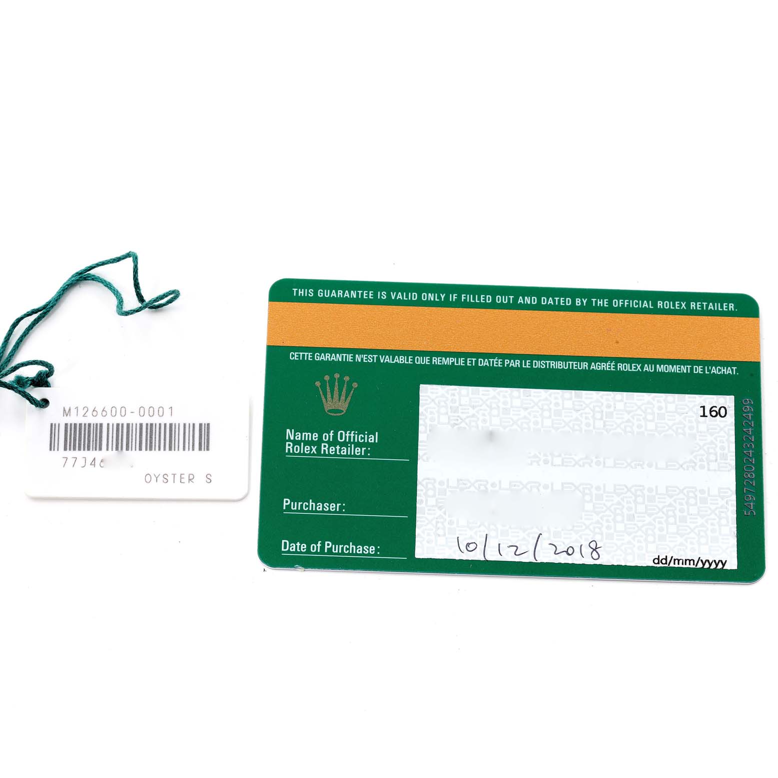 The image shows a warranty card and a tag for a Rolex Sea-Dweller 126600 Men's Stainless Steel Black Dial 126600 Men's Stainless Steel Black Dial watch model.