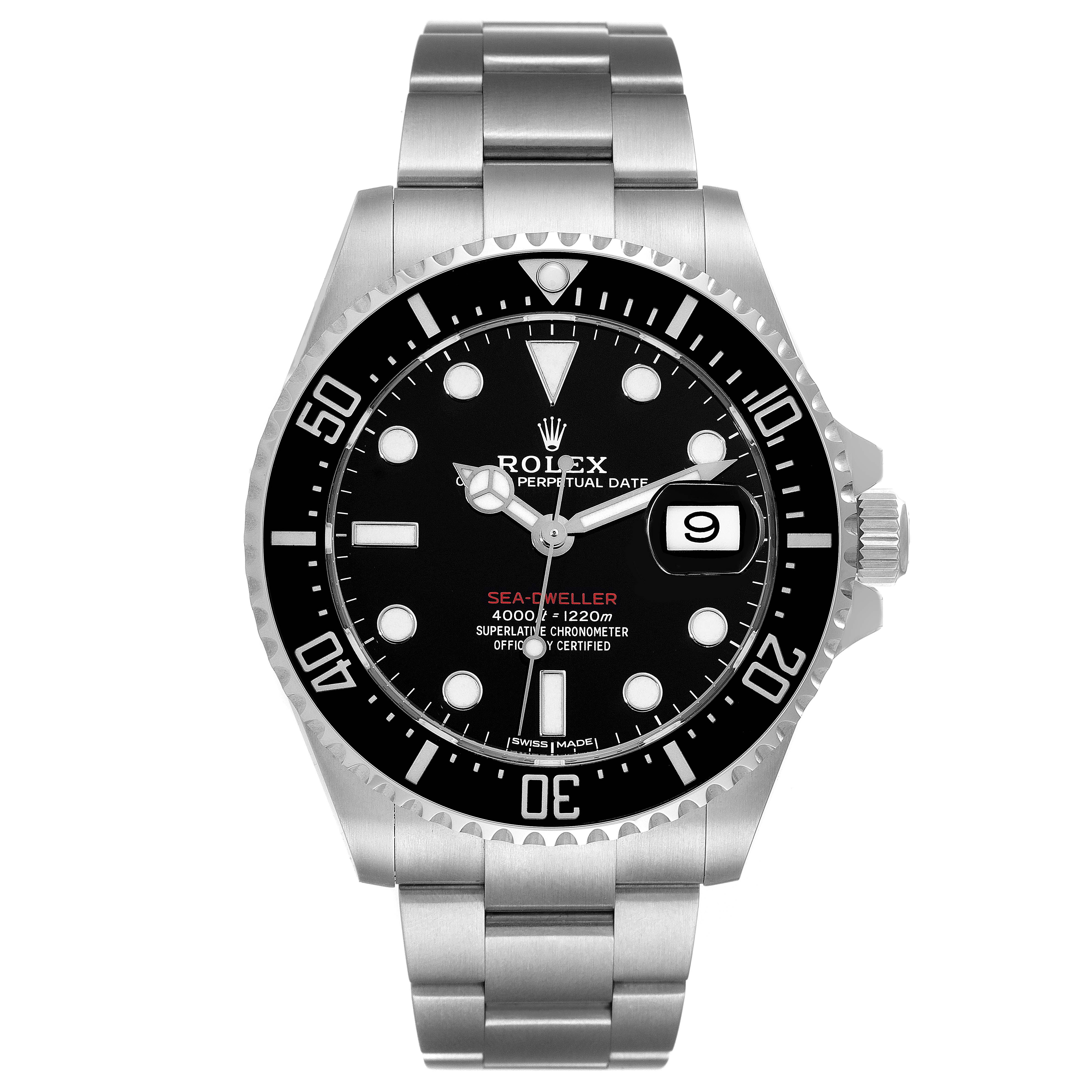 This image shows a full frontal view of the Rolex Sea-Dweller 126600 Men's Stainless Steel Black Dial 126600 Men's Stainless Steel Black Dial watch, highlighting its dial, bezel, and bracelet.