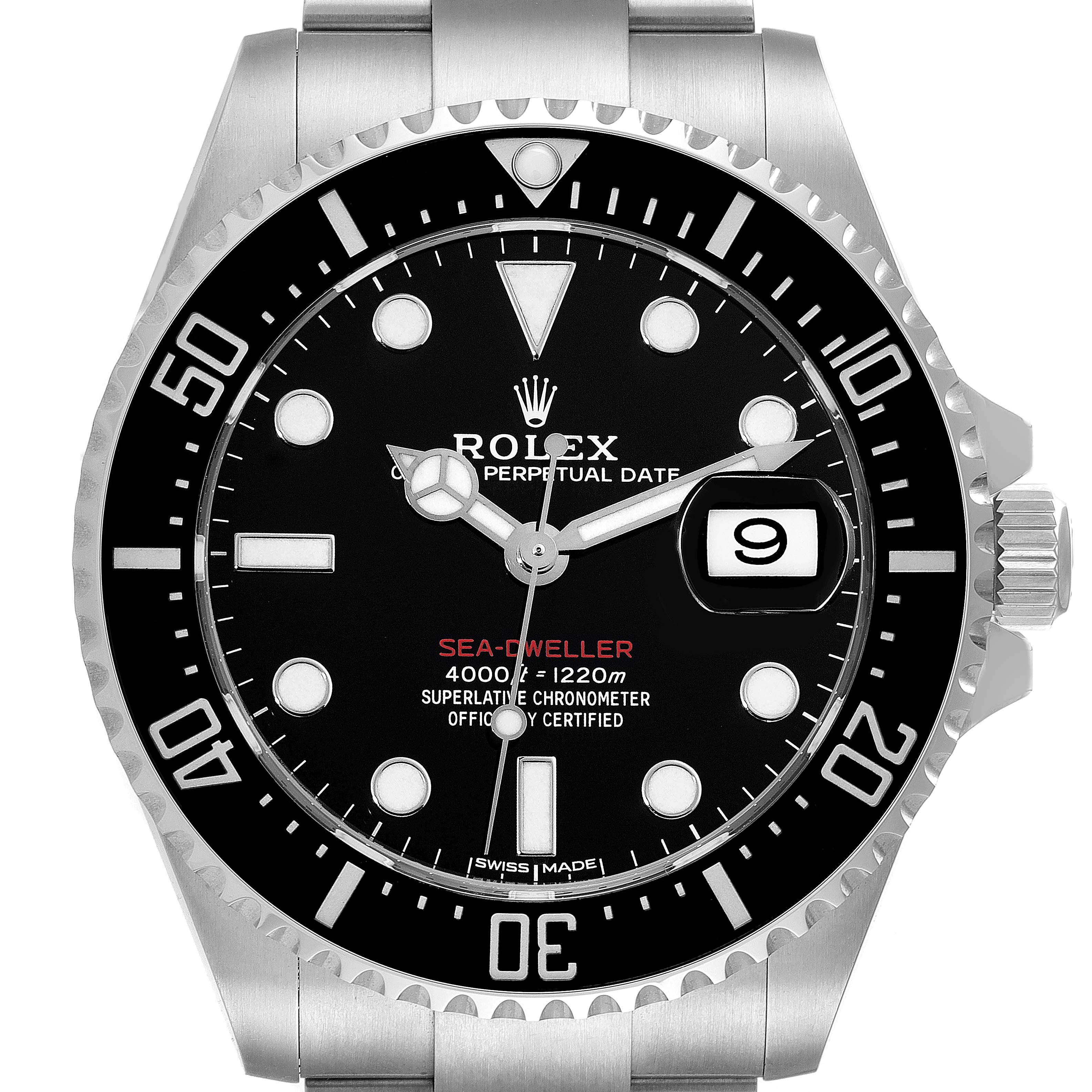 The image shows a front view of the Rolex Sea-Dweller 126600 Men's Stainless Steel Black Dial 126600 Men's Stainless Steel Black Dial watch, highlighting the dial, bezel, and crown.