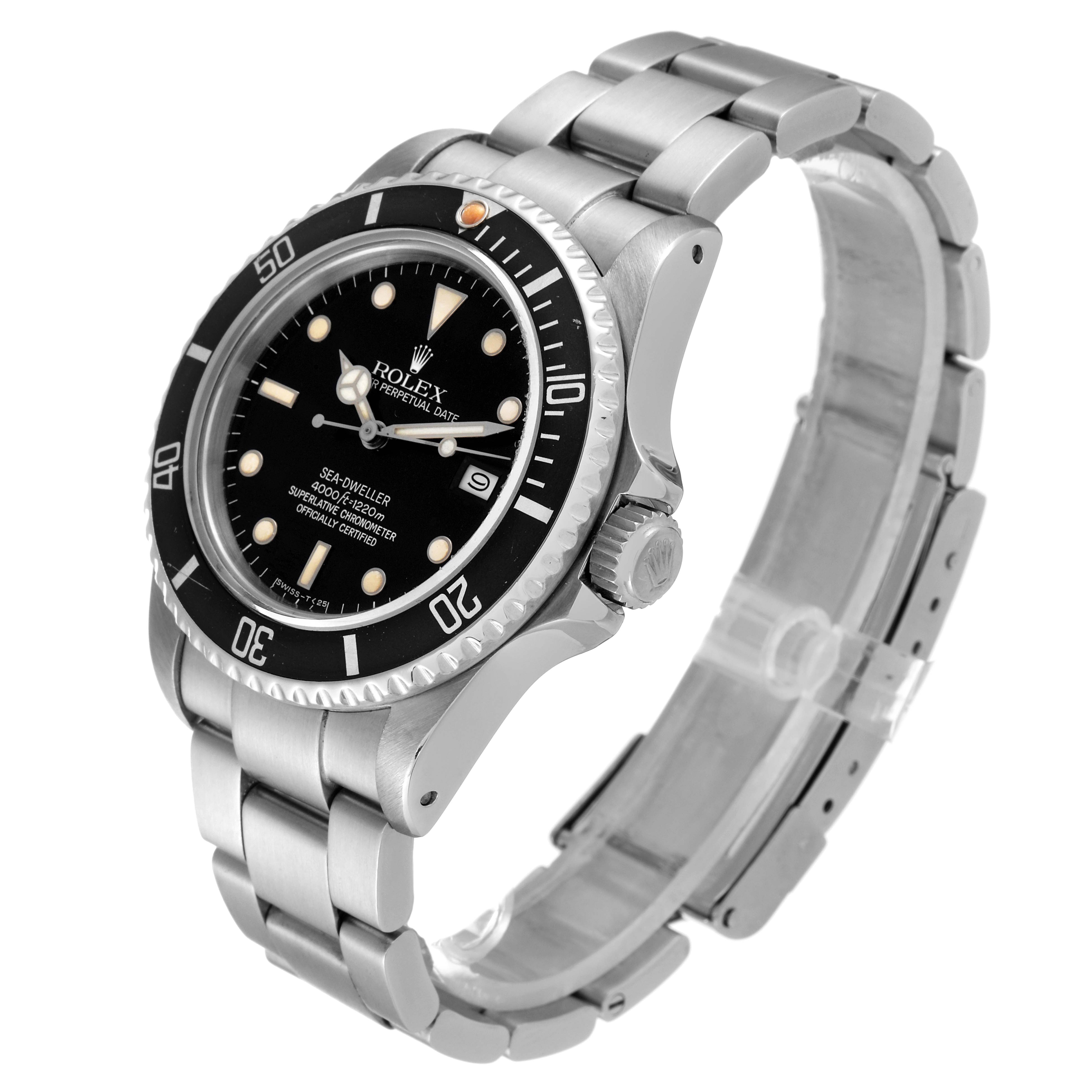 The Rolex Sea-Dweller 16660 Men's Stainless Steel Black Dial 16660 Men's Stainless Steel Black Dial watch is shown from a three-quarter view, displaying its face, bezel, crown, and metal bracelet.