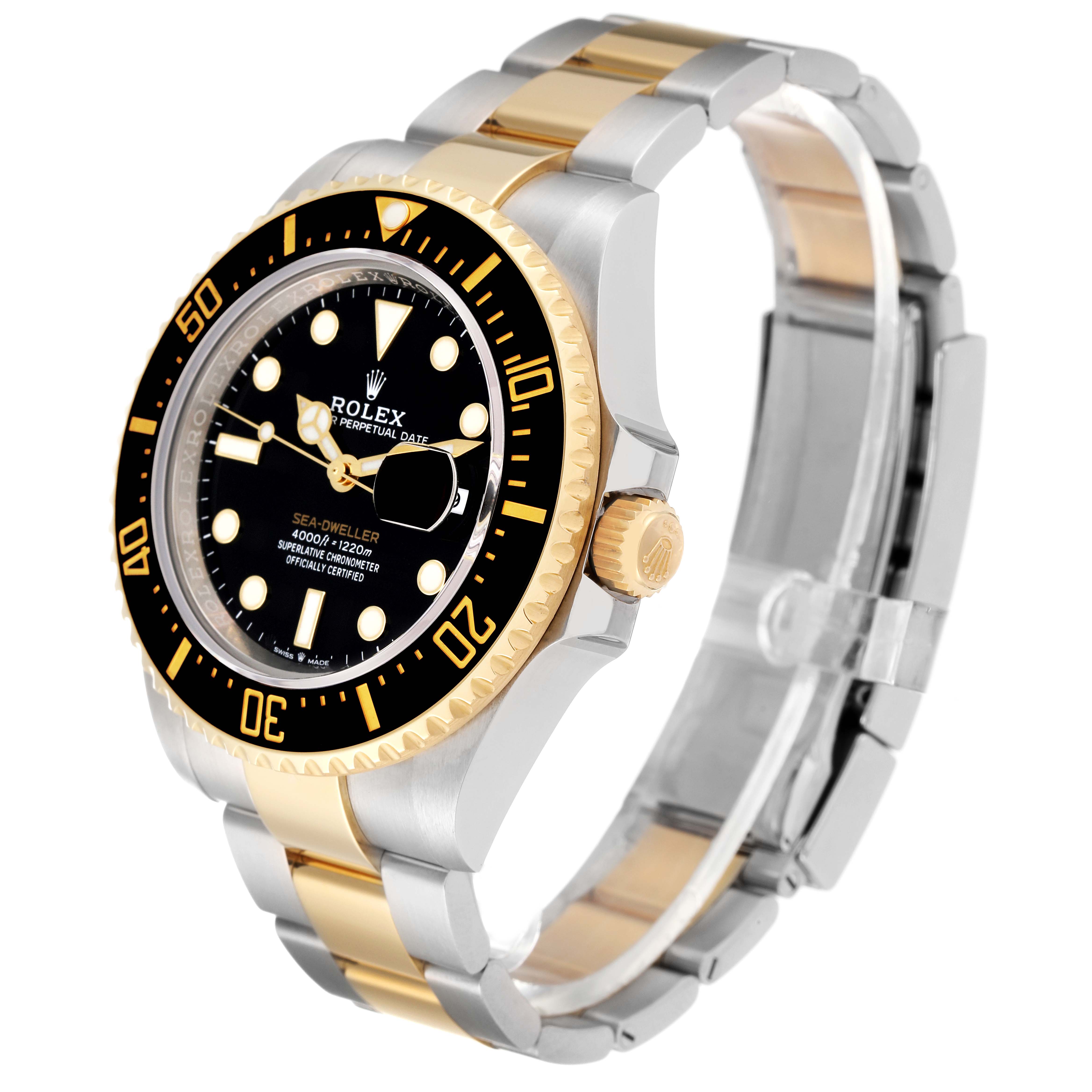 The Rolex Sea-Dweller 126603 Men's Stainless Steel Black Dial 126603 Men's Stainless Steel Black Dial watch is shown at an angle displaying its face, bezel, crown, and two-tone bracelet.