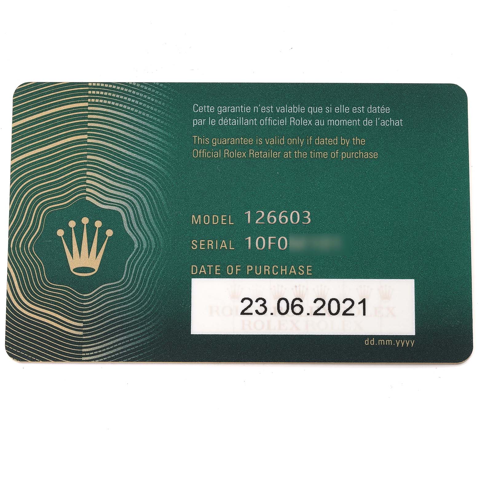 The image shows the guarantee card for a Rolex Sea-Dweller 126603 Men's Stainless Steel Black Dial 126603 Men's Stainless Steel Black Dial model 126603, with the purchase date listed as 23.06.2021.