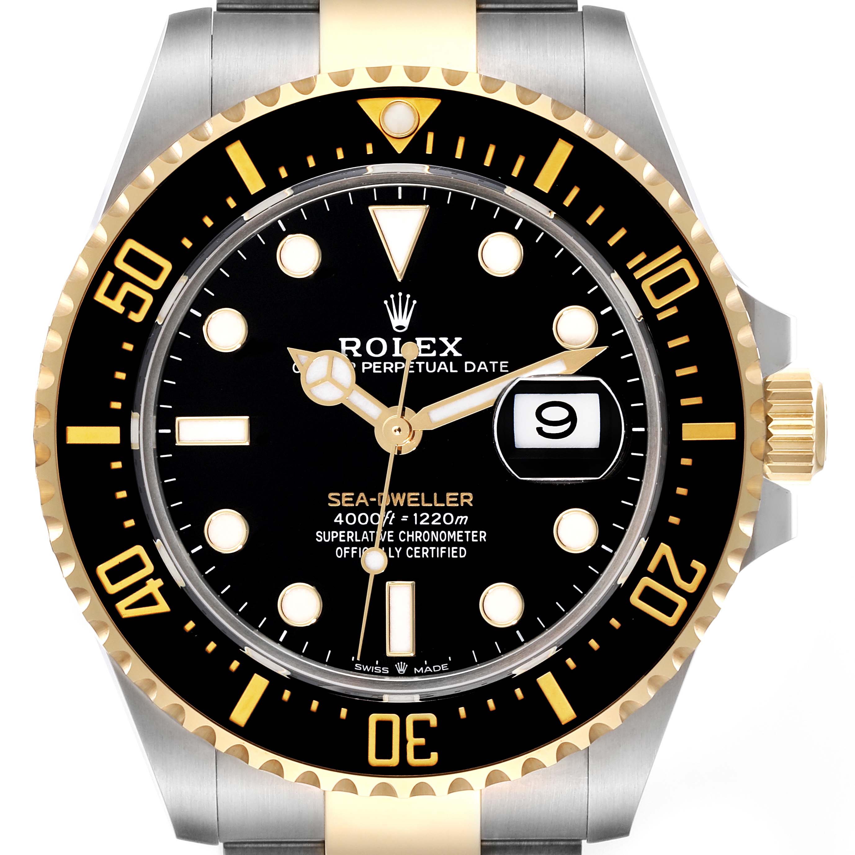 The image shows a frontal view of a Rolex Sea-Dweller 126603 Men's Stainless Steel Black Dial 126603 Men's Stainless Steel Black Dial watch, highlighting its dial, bezels, and crown.