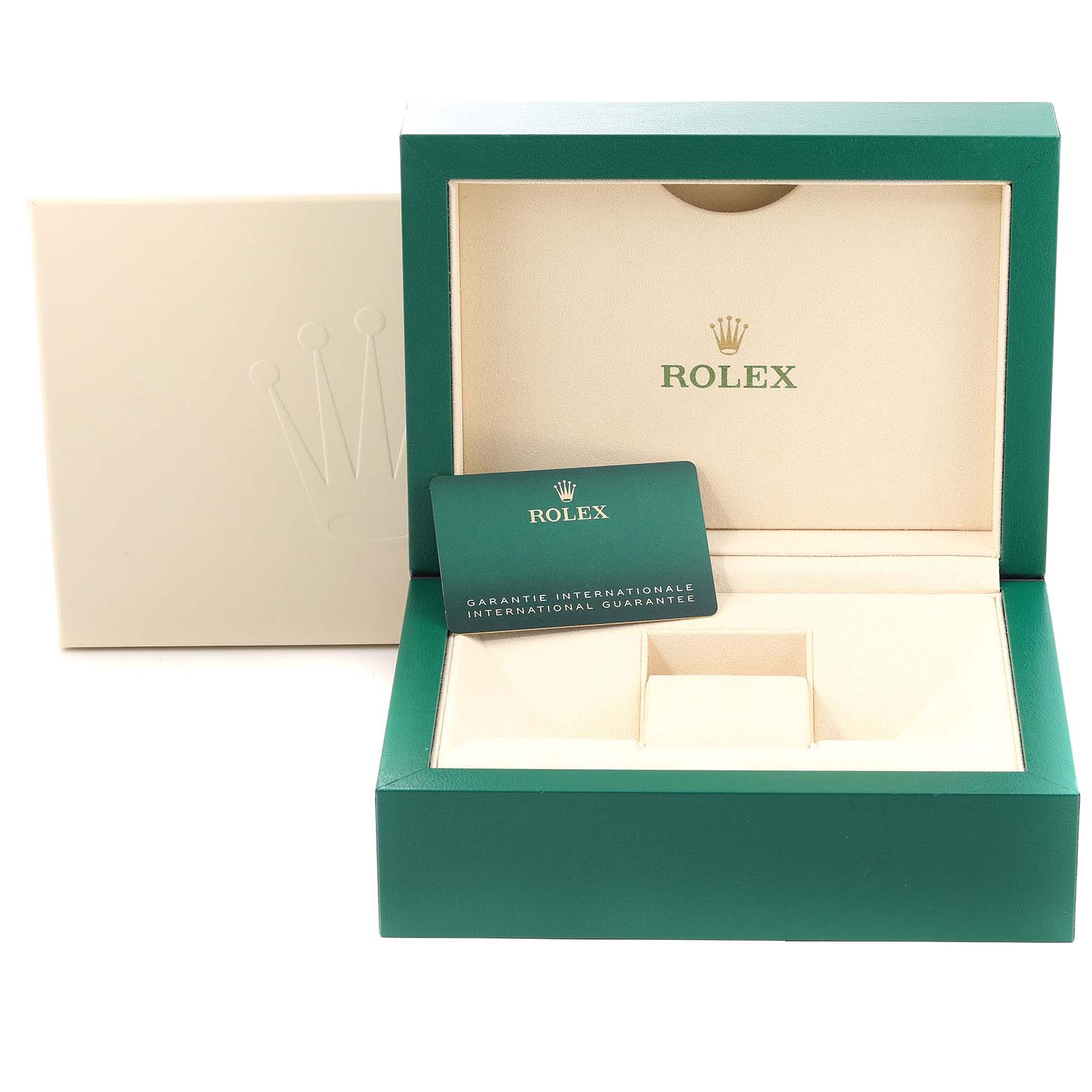 The image shows an open Rolex Sea-Dweller 126603 Men's Stainless Steel Black Dial 126603 Men's Stainless Steel Black Dial watch box with the international guarantee card.
