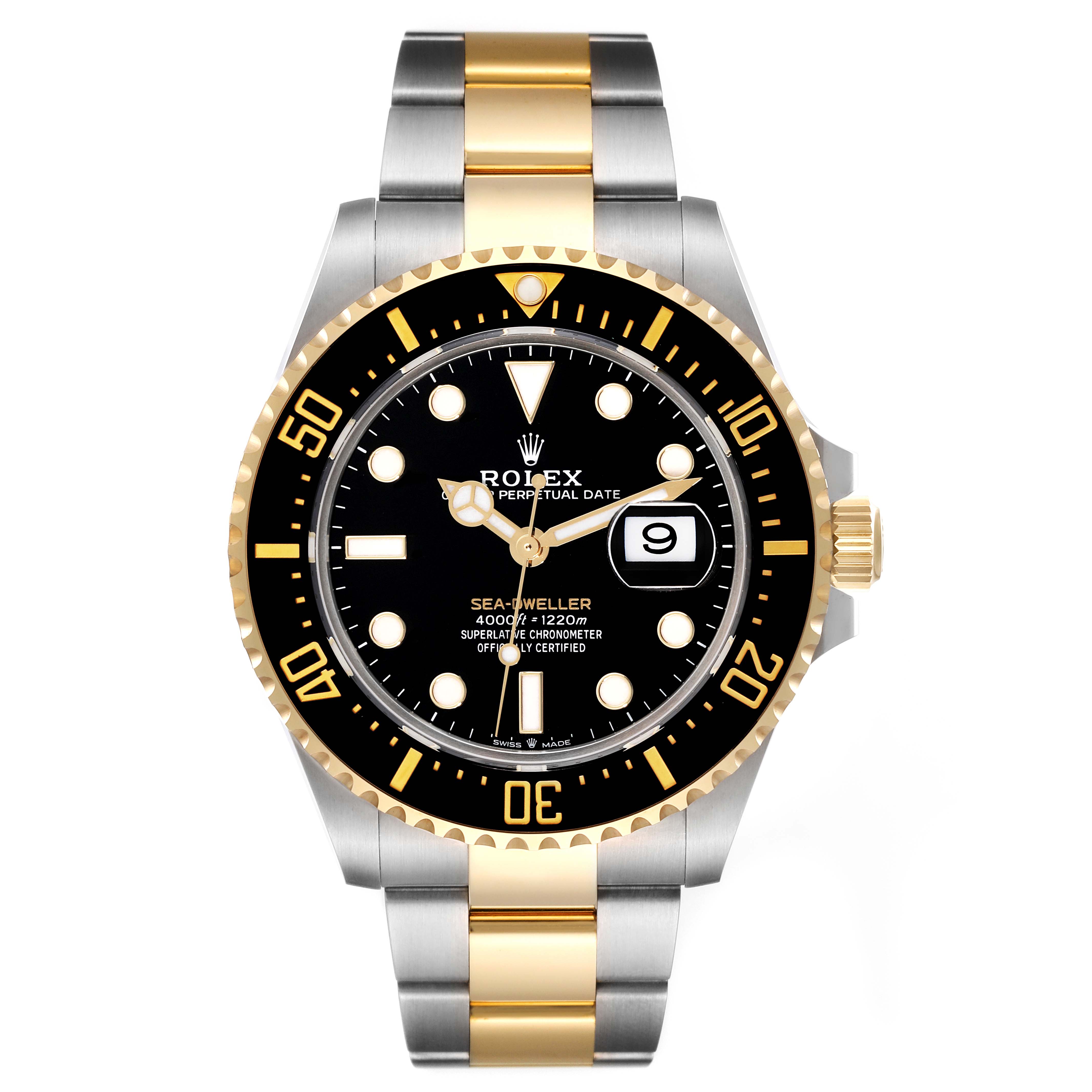 The Sea-Dweller model by Rolex is shown from a front angle, displaying its dial, bezel, crown, and two-tone bracelet.