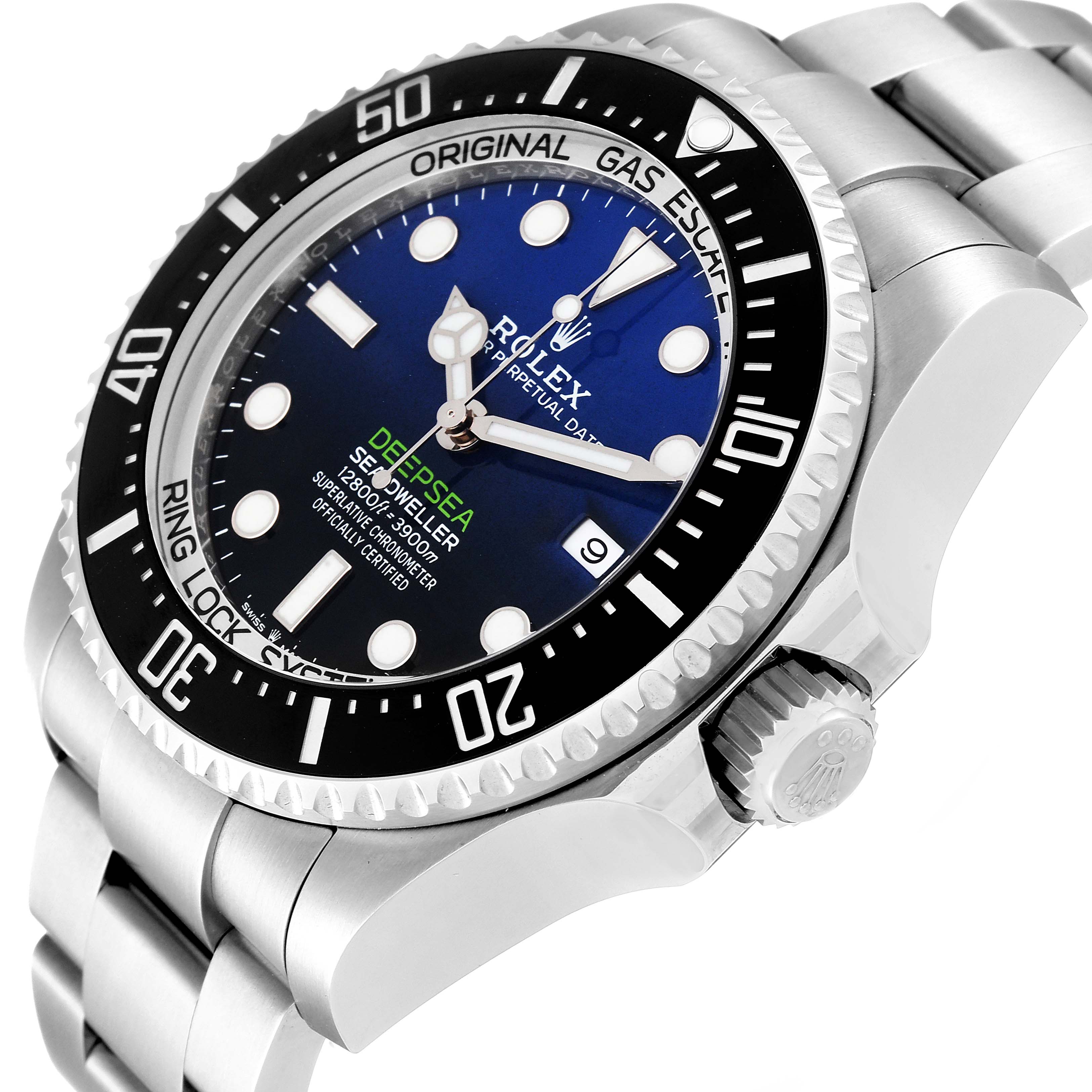 The image shows a Rolex Sea-Dweller 126660 Men
s Stainless Steel Blue Dial 126660 Men
s Stainless Steel Blue Dial watch at an angled view displaying the watch face, bezel, crown, and part of the bracelet.
