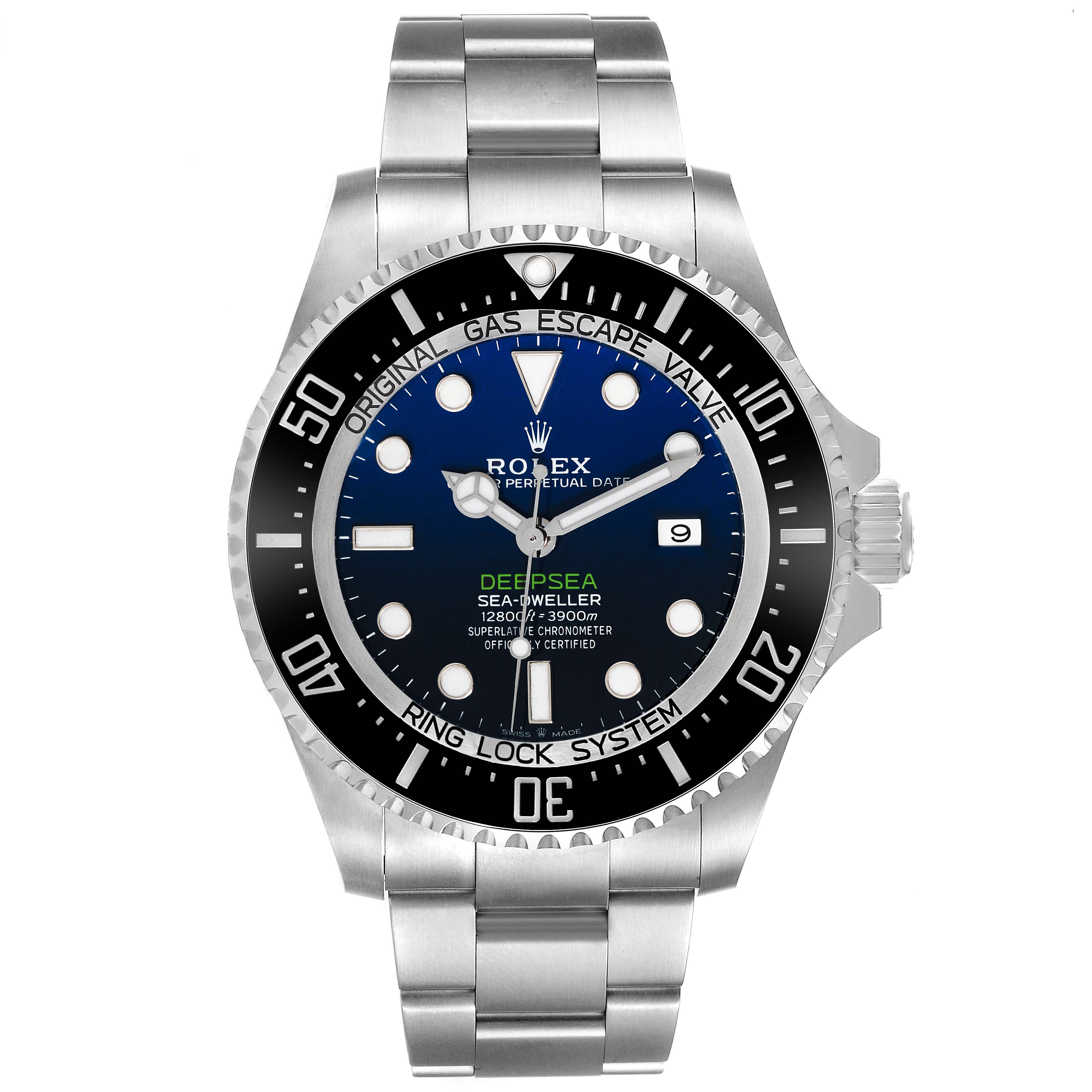 The image shows a front view of a Rolex Sea-Dweller 126660 Men
s Stainless Steel Blue Dial 126660 Men
s Stainless Steel Blue Dial watch, highlighting the dial, bezel, crown, and bracelet.