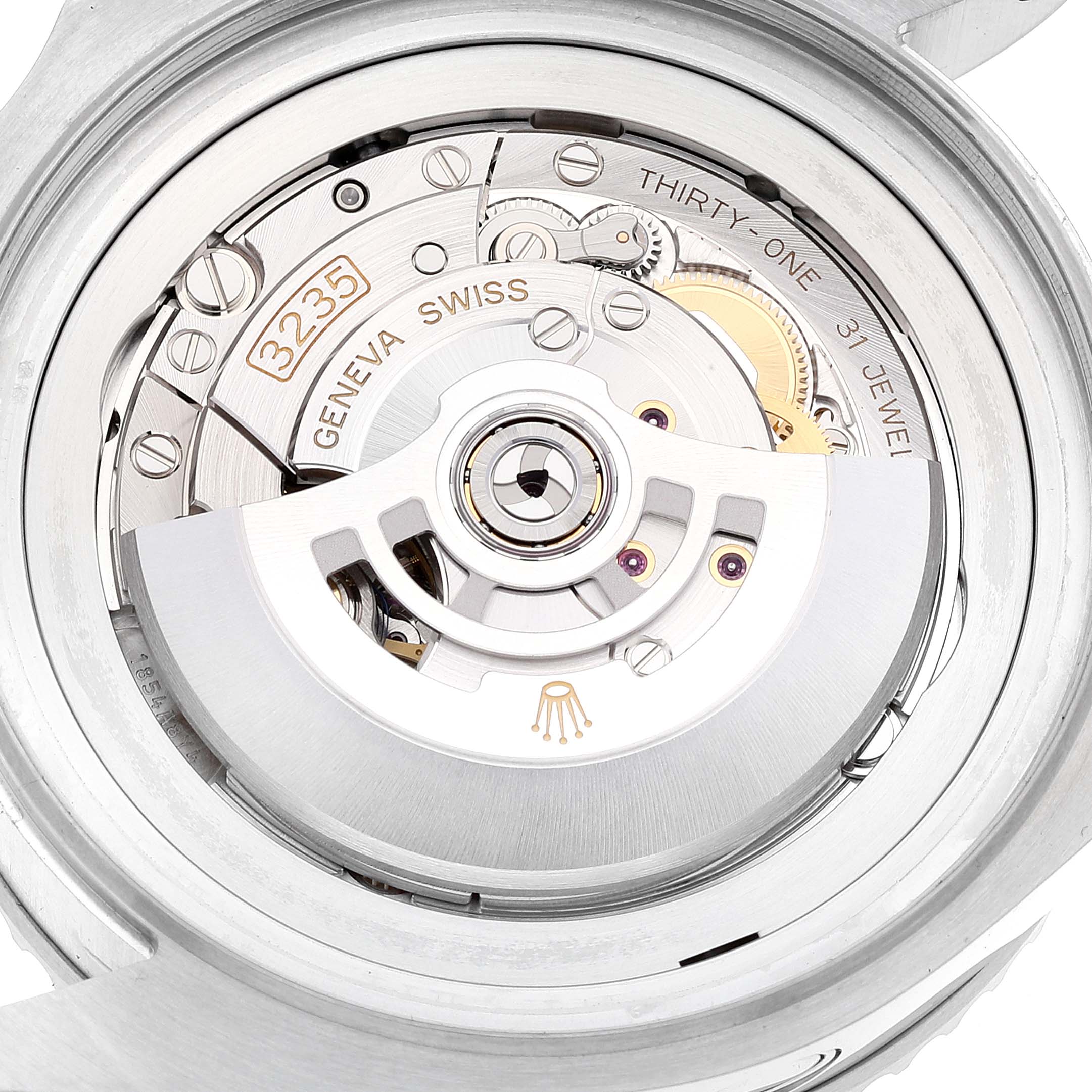 This image shows the movement mechanism from the back of the Rolex Sea-Dweller 126660 Men
s Stainless Steel Blue Dial 126660 Men
s Stainless Steel Blue Dial watch, highlighting details of the caliber 3235.