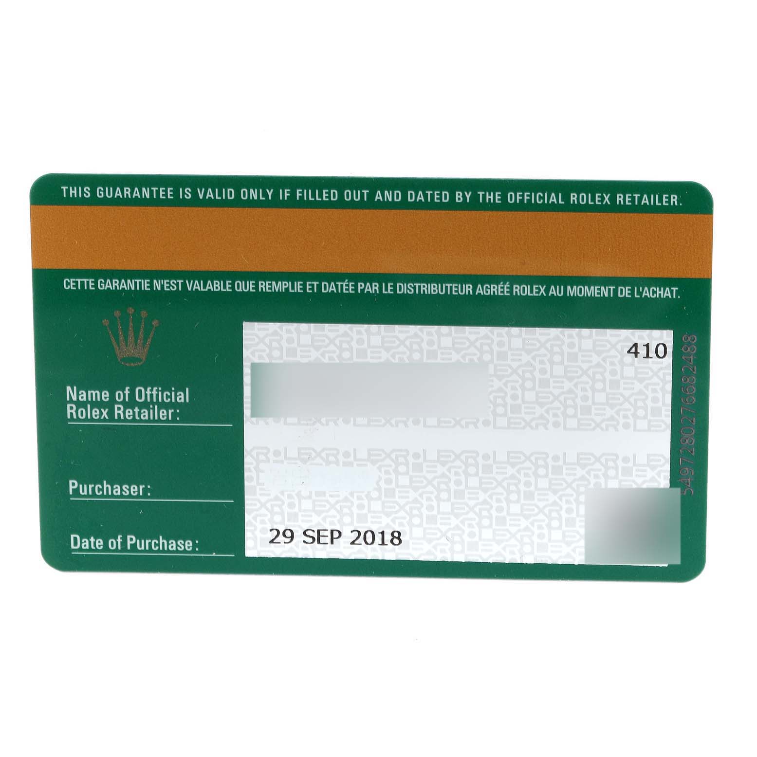 This image shows a warranty card for the Rolex Sea-Dweller 126660 Men
s Stainless Steel Blue Dial 126660 Men
s Stainless Steel Blue Dial watch, dated 29 SEP 2018.