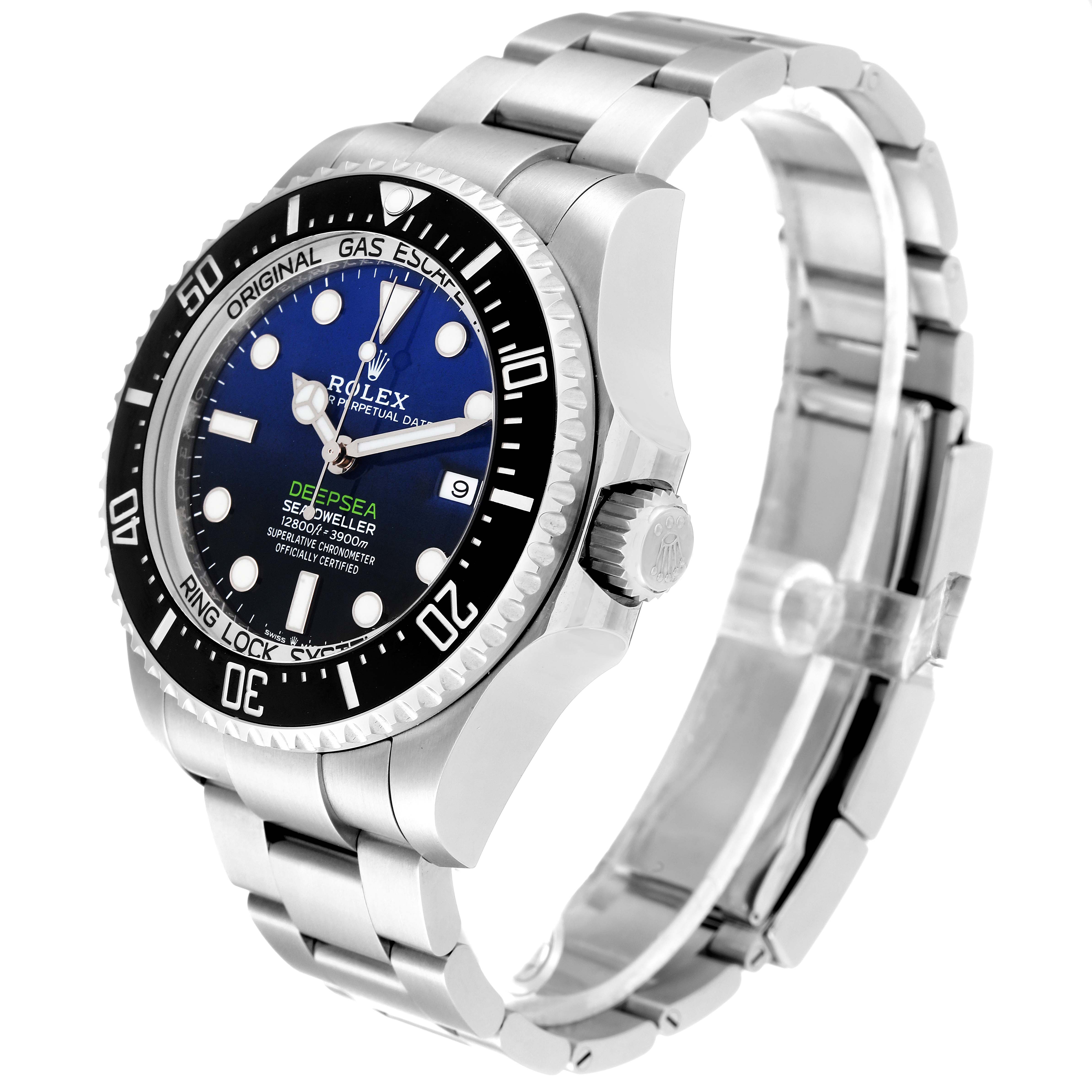 The image shows a Rolex Sea-Dweller 126660 Men
s Stainless Steel Blue Dial 126660 Men
s Stainless Steel Blue Dial watch angled from the front-right side, displaying the face, bezel, crown, and bracelet.