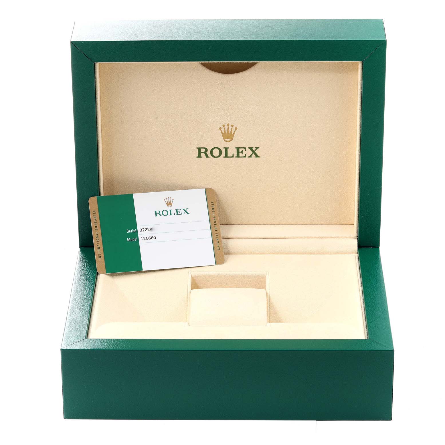 This image shows an open Rolex Sea-Dweller 126660 Men
s Stainless Steel Blue Dial 126660 Men
s Stainless Steel Blue Dial watch box with a warranty card, viewed from the front.