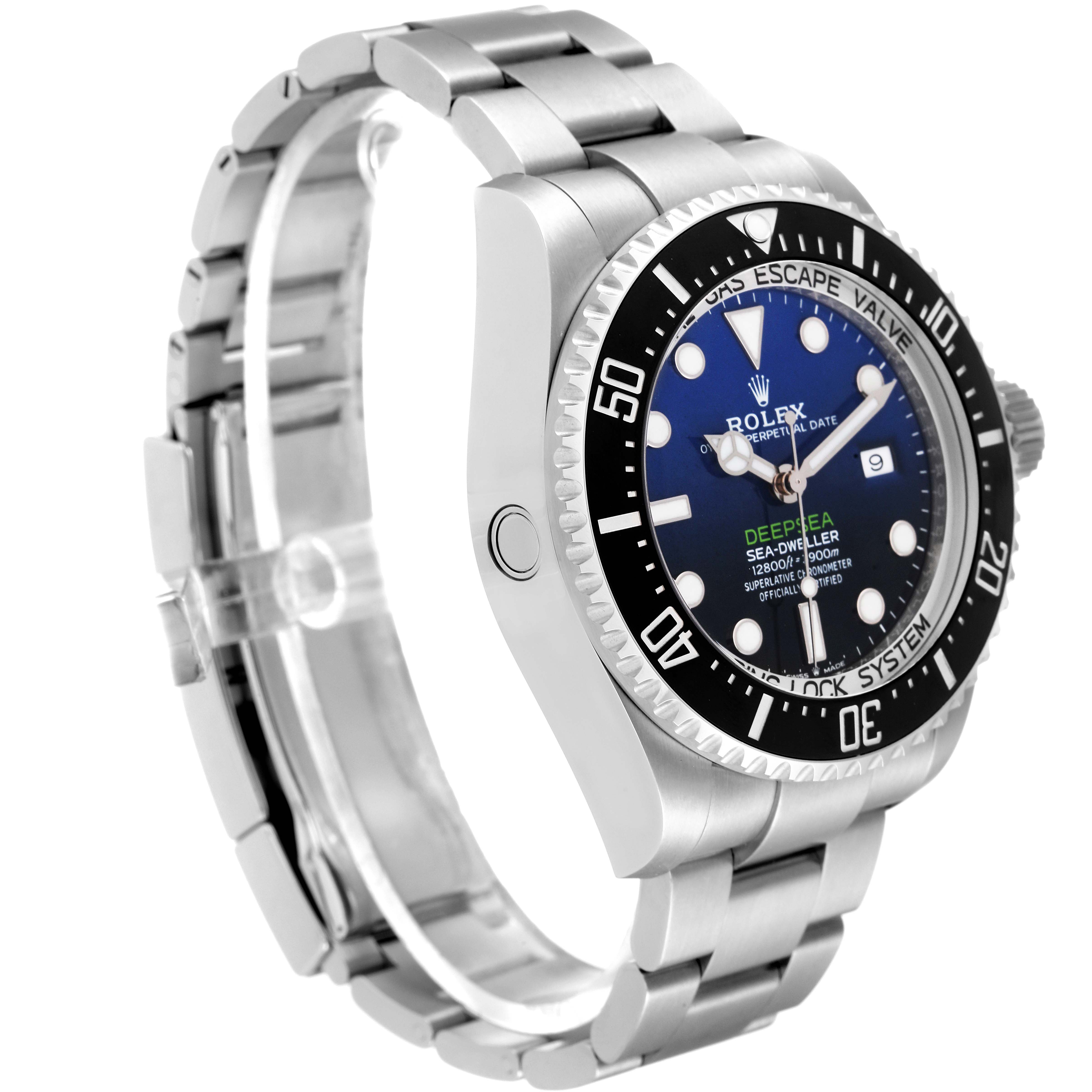 The image shows a side angle of the Rolex Sea-Dweller 126660 Men
s Stainless Steel Blue Dial 126660 Men
s Stainless Steel Blue Dial watch, displaying its bracelet, bezel, and dial.