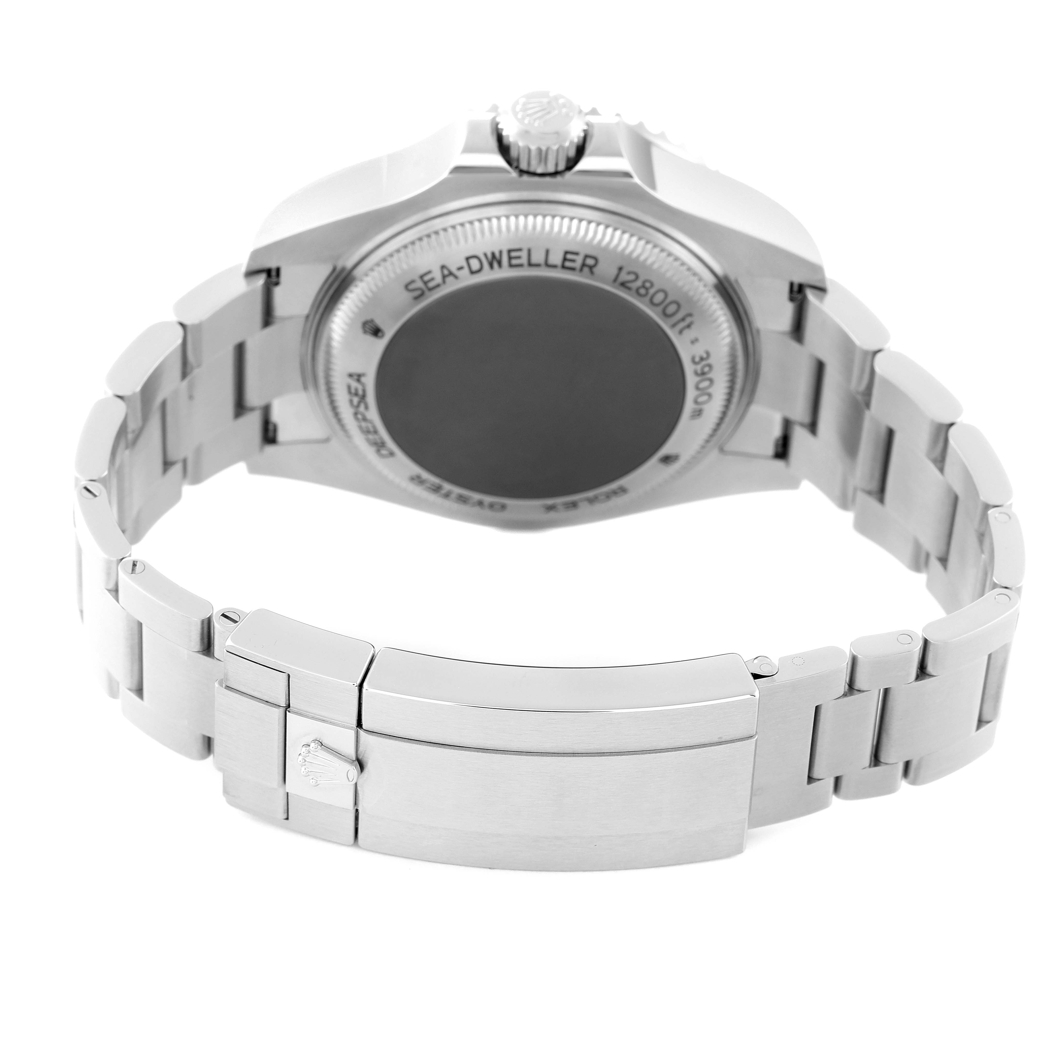 The image shows the back and bracelet of a Rolex Sea-Dweller 126660 Men
s Stainless Steel Blue Dial 126660 Men
s Stainless Steel Blue Dial watch, highlighting the clasp and case back.