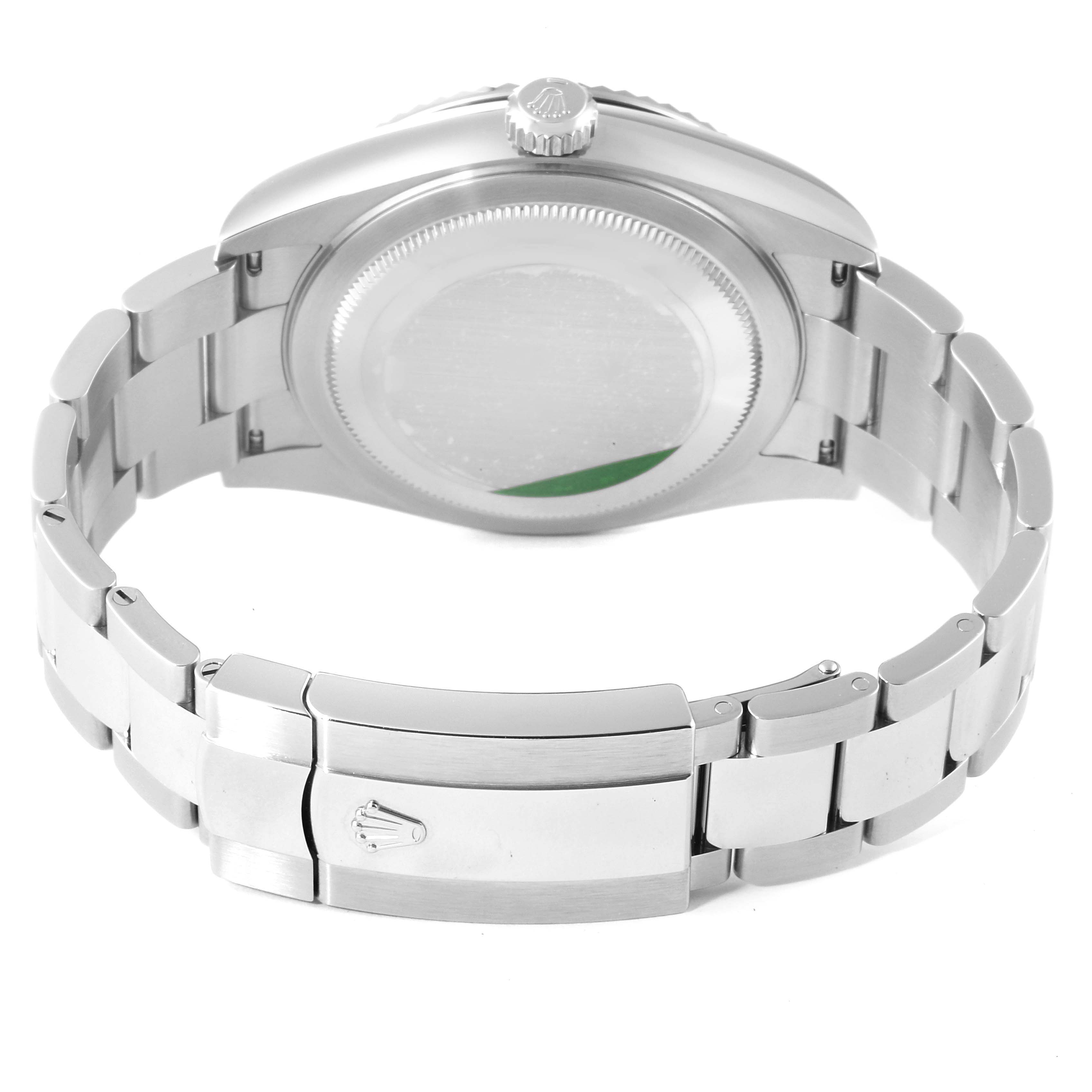 The image shows a Rolex Sky-Dweller 326934 Men's Stainless Steel Blue Dial 326934 Men's Stainless Steel Blue Dial watch from the back, highlighting the case back, bracelet, and clasp.