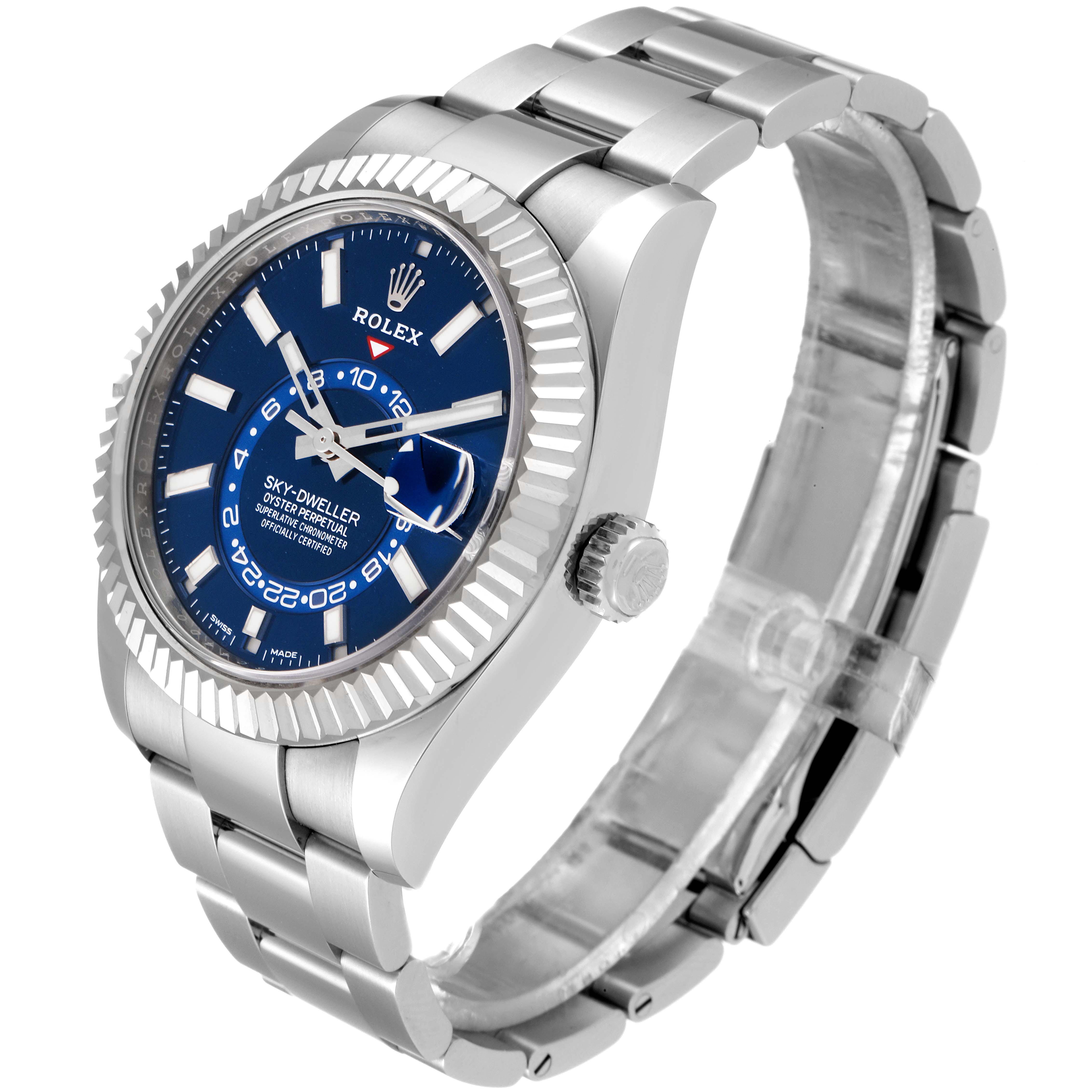 This image shows a Rolex Sky-Dweller 326934 Men's Stainless Steel Blue Dial 326934 Men's Stainless Steel Blue Dial watch from a three-quarter angle, highlighting the face, bezel, crown, and bracelet.