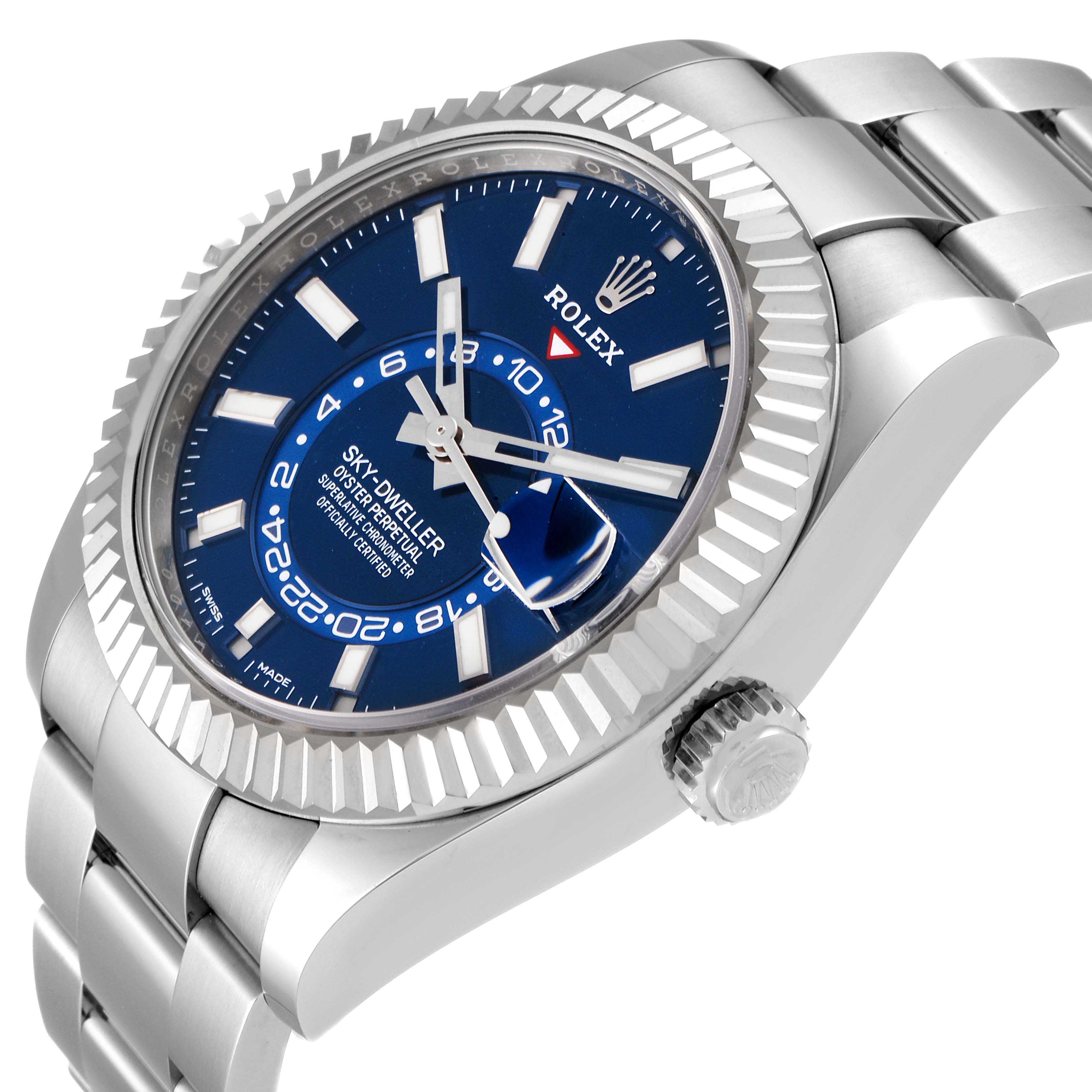 This image shows a Rolex Sky-Dweller 326934 Men's Stainless Steel Blue Dial 326934 Men's Stainless Steel Blue Dial watch at a three-quarter angle, highlighting the case, bezel, dial, bracelet, and crown.