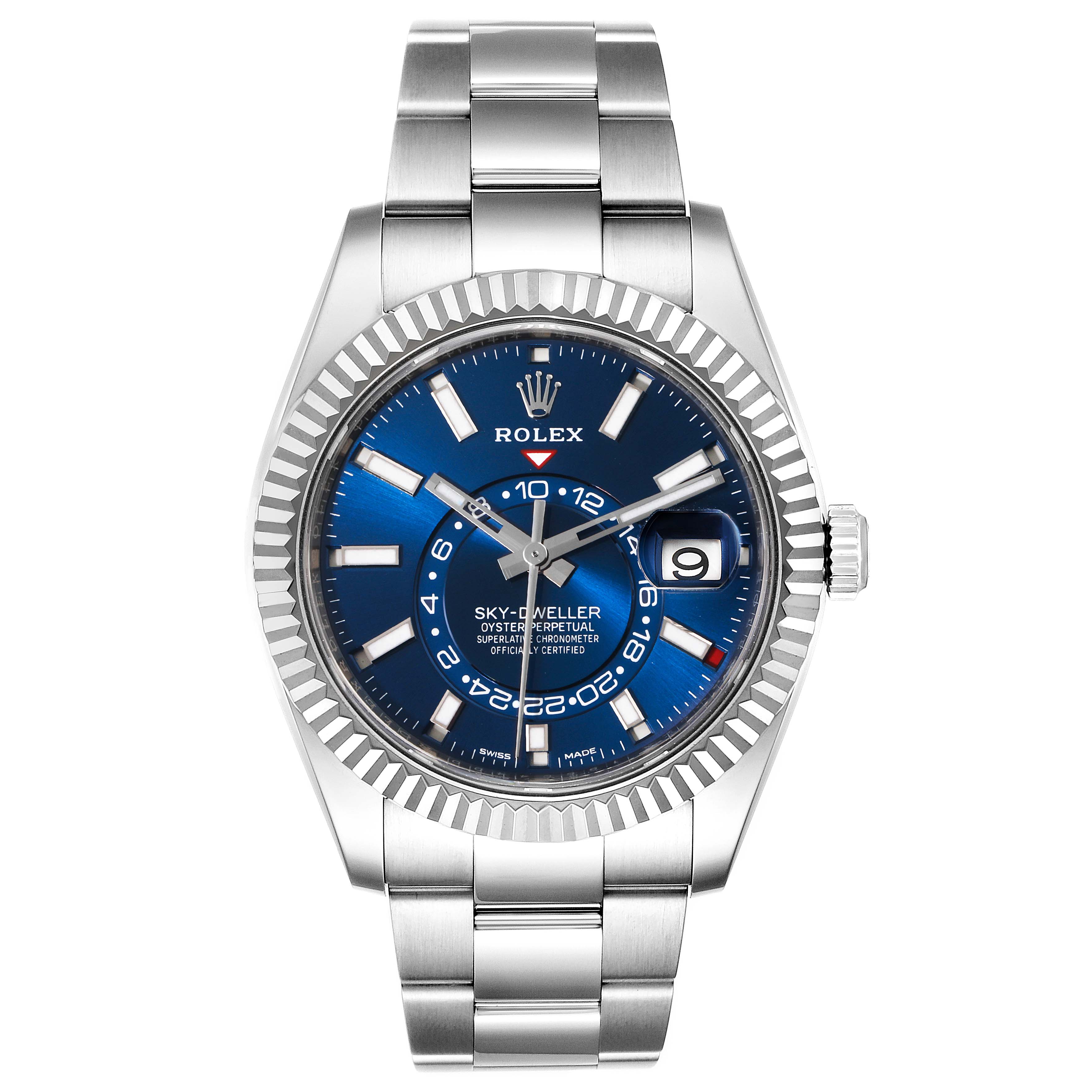 The image shows a front view of the Rolex Sky-Dweller 326934 Men's Stainless Steel Blue Dial 326934 Men's Stainless Steel Blue Dial watch, highlighting the blue dial, bezel, and bracelet.