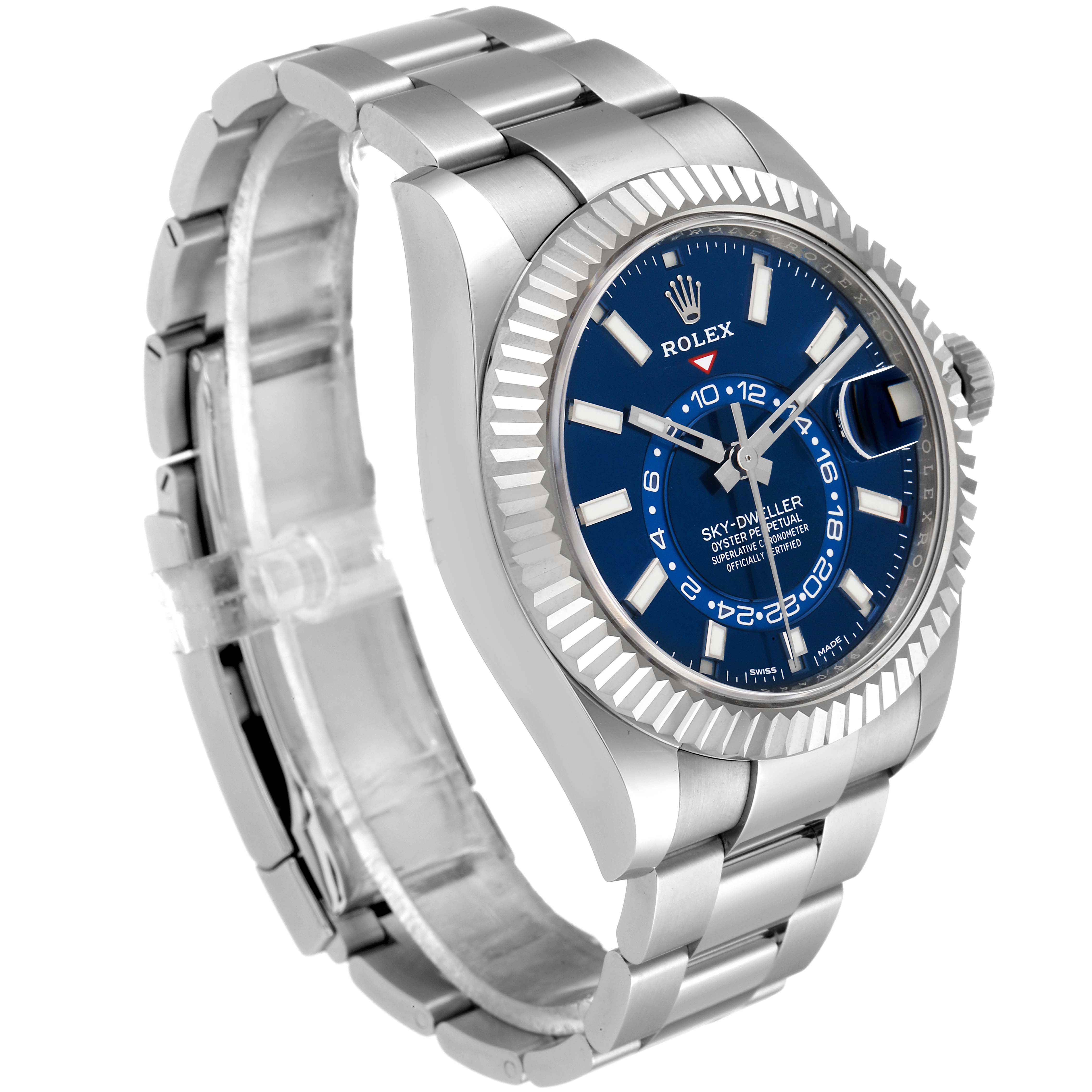 This image shows a side angle of the Rolex Sky-Dweller 326934 Men's Stainless Steel Blue Dial 326934 Men's Stainless Steel Blue Dial watch, highlighting its bracelet, blue dial, and fluted bezel.