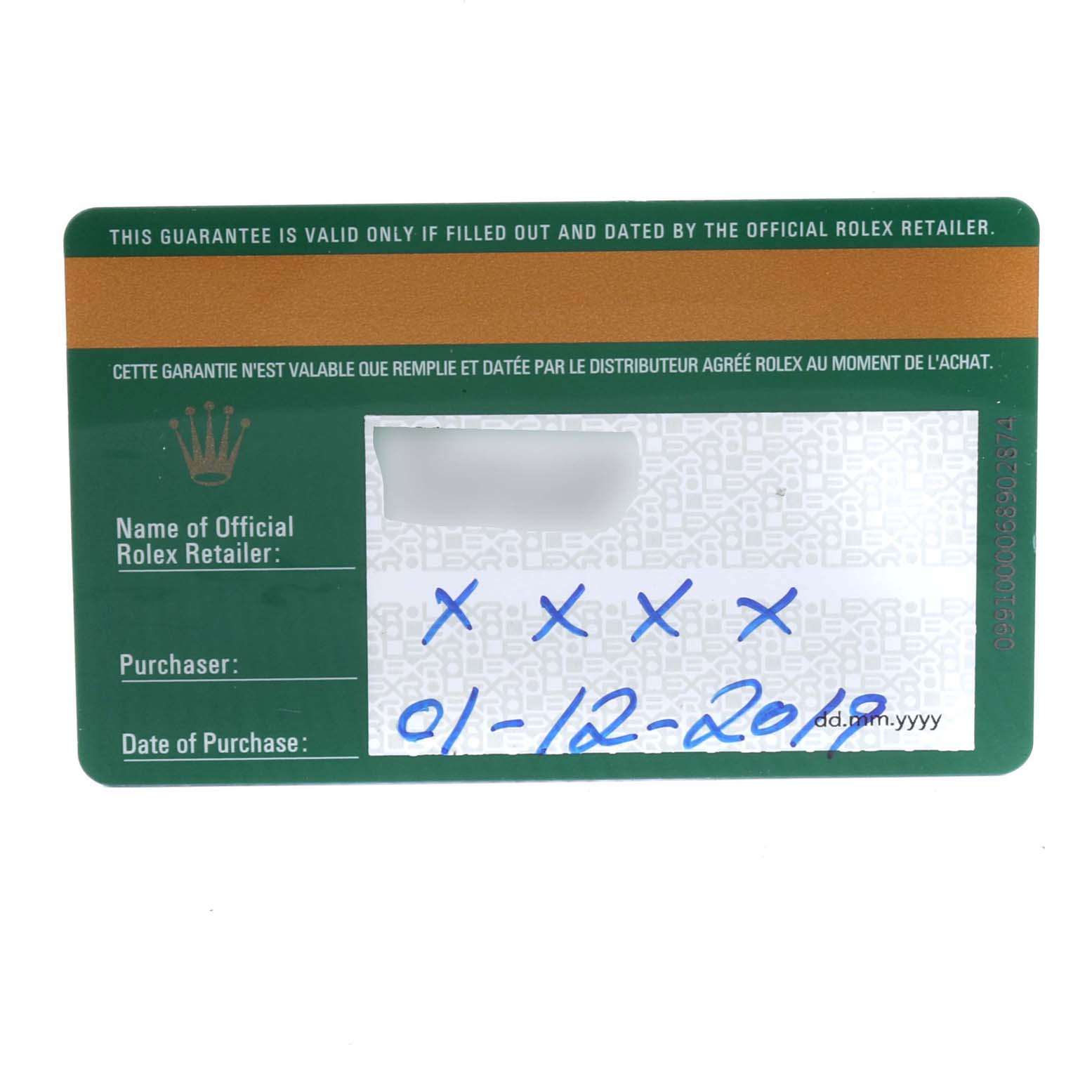 The image shows a Rolex Sky-Dweller 326934 Men's Stainless Steel Blue Dial 326934 Men's Stainless Steel Blue Dial warranty card filled out with purchase details.