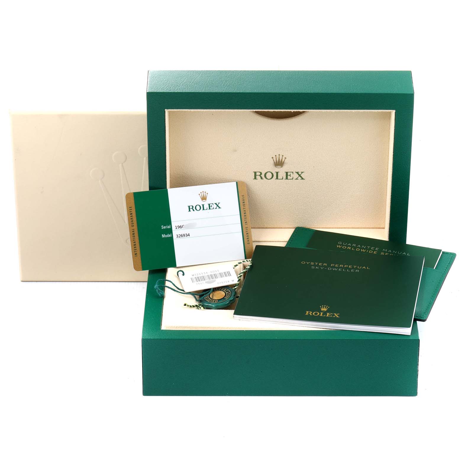 The image shows the packaging, manuals, warranty card, and accessories for a Rolex Sky-Dweller 326934 Men's Stainless Steel Blue Dial 326934 Men's Stainless Steel Blue Dial watch.